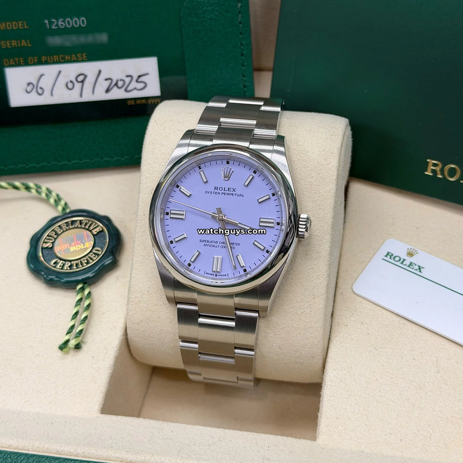 Rolex Oyster Perpetual 126000 Lavender Dial 36mm Stainless Steel