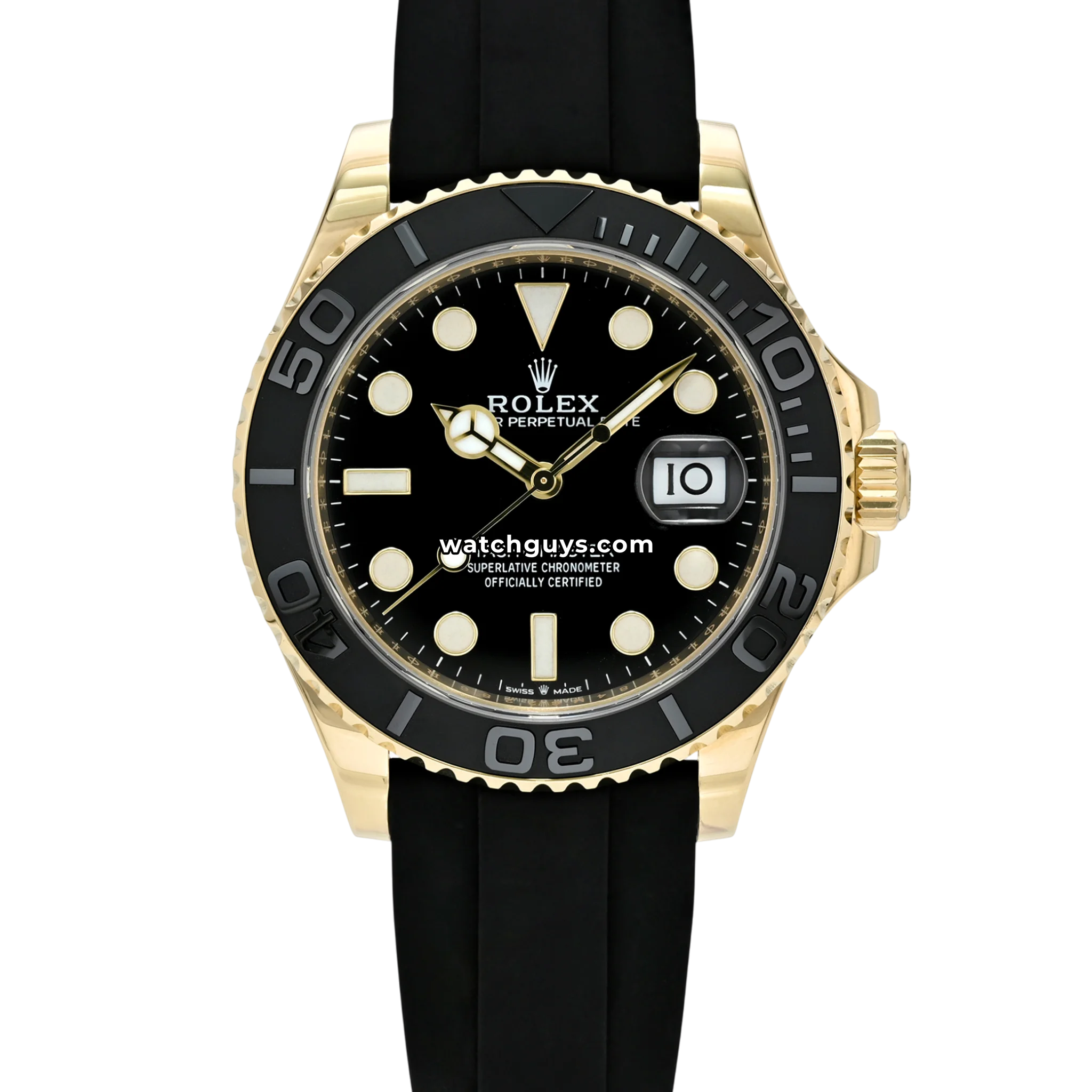 Rolex Yacht-Master 42 reference 226658 in 18k yellow gold with black ceramic bezel and Oysterflex rubber strap product photo from WatchGuys