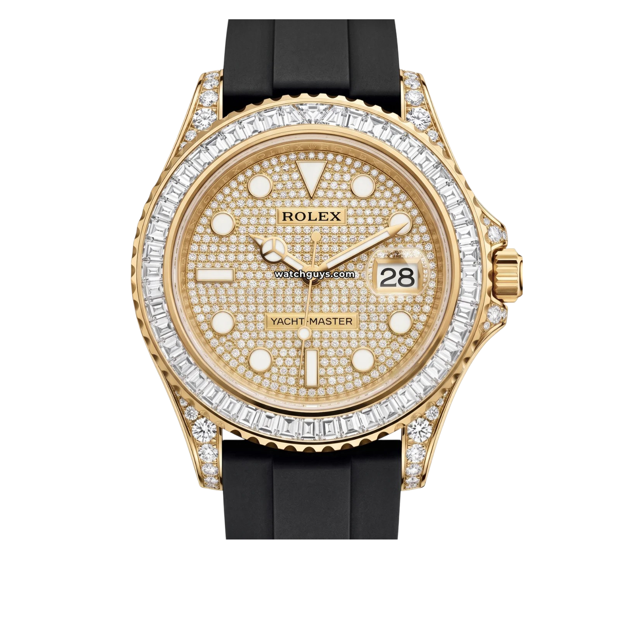 Rolex Yacht-Master 42 reference 226668TBR in yellow gold with baguette diamond bezel, pave dial and Oysterflex strap, product photo from WatchGuys