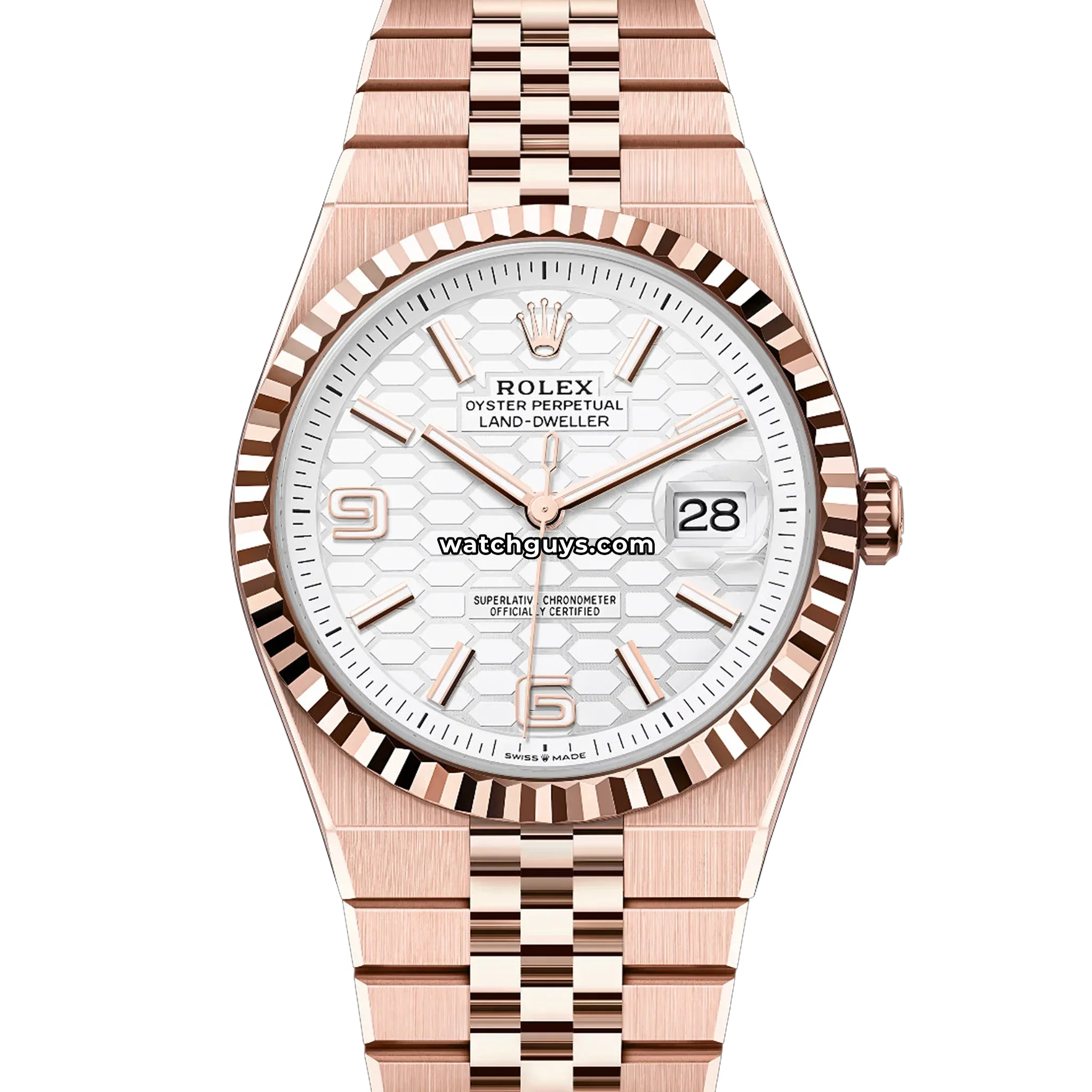 Rolex Land-Dweller reference 127335 with Everose gold case, fluted bezel and white honeycomb dial product photo from WatchGuys