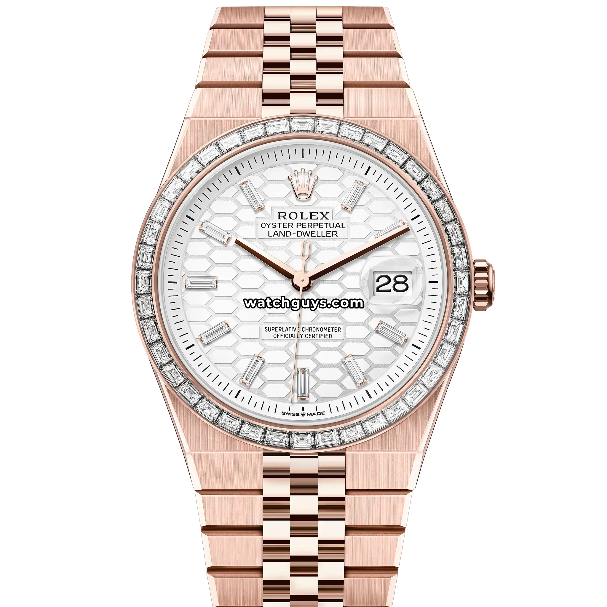 Rolex Land-Dweller 40 reference 127385TBR in Everose gold with diamond bezel and white honeycomb dial product photo from WatchGuys