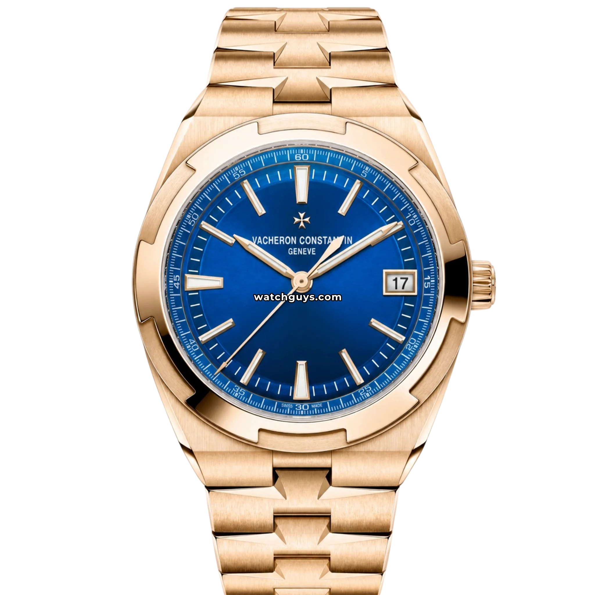 Vacheron Constantin Overseas reference 4520V/210R-B705 with 41mm pink gold case, blue sunburst dial and blue rubber strap product photo from WatchGuys