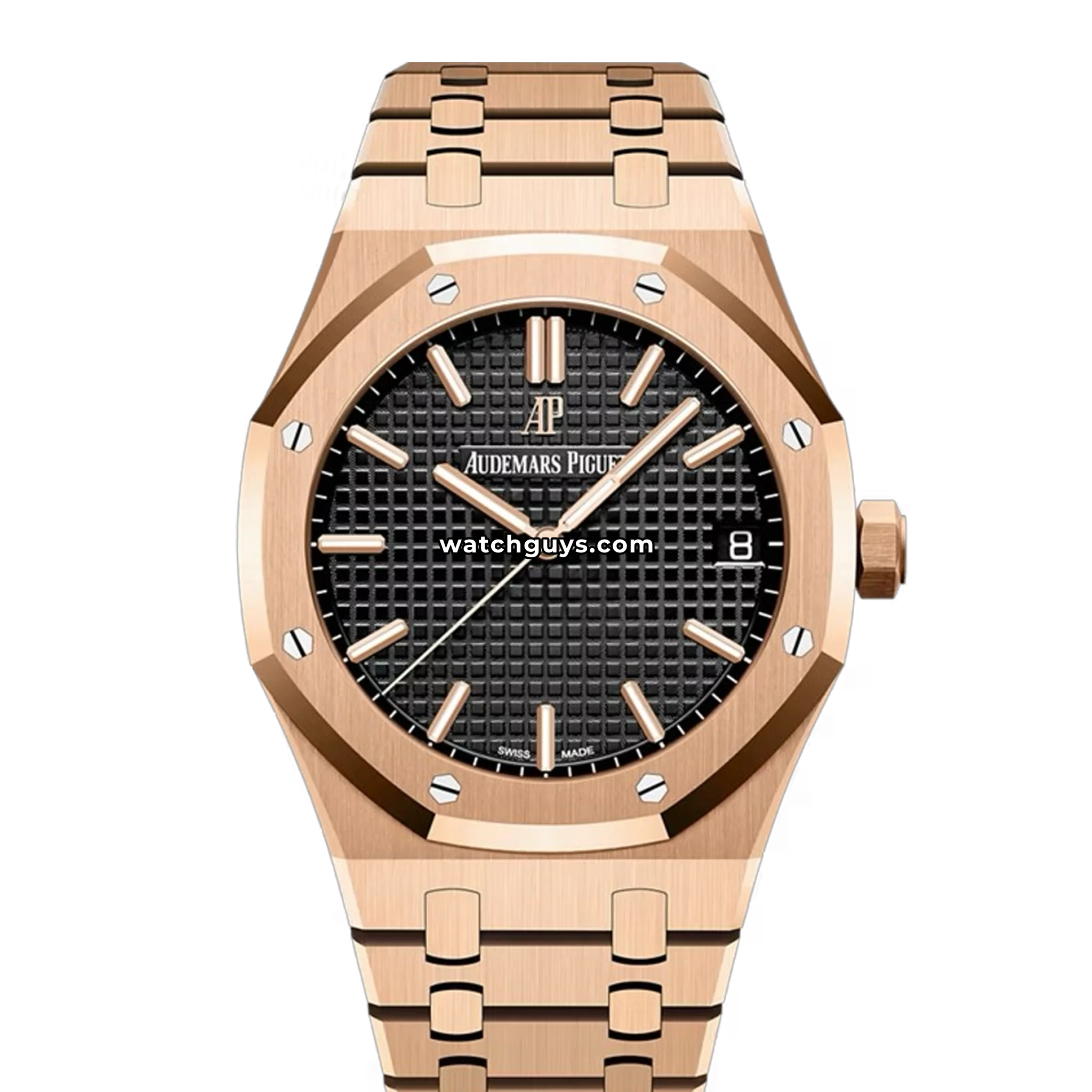 Custom diamond-set Audemars Piguet Royal Oak in rose gold with fully paved case bracelet and dial product photo from WatchGuys