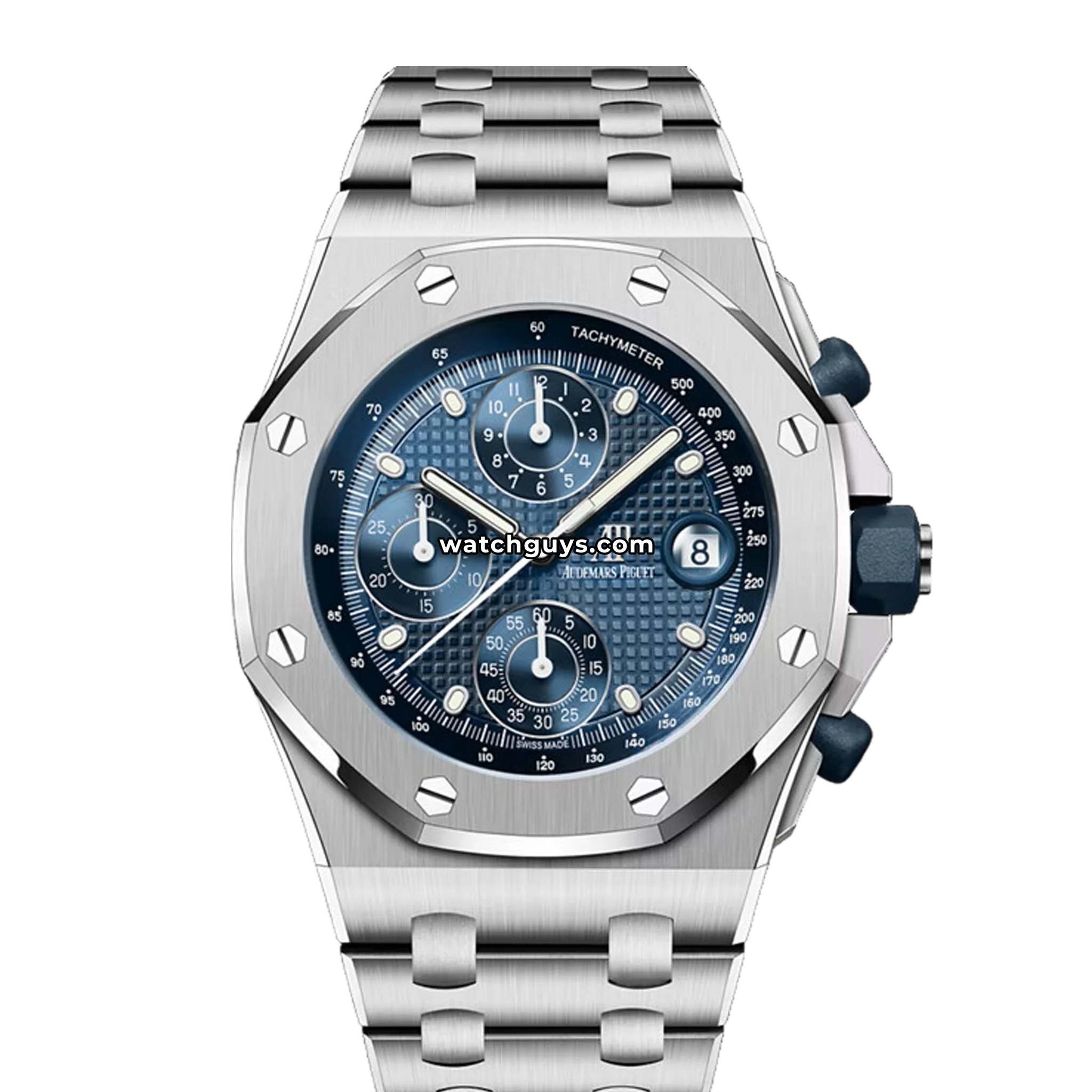 Audemars Piguet Royal Oak Offshore Chronograph reference 26238ST in stainless steel with a blue Mega Tapisserie dial, orange accents, and blue rubber strap product photo from WatchGuys