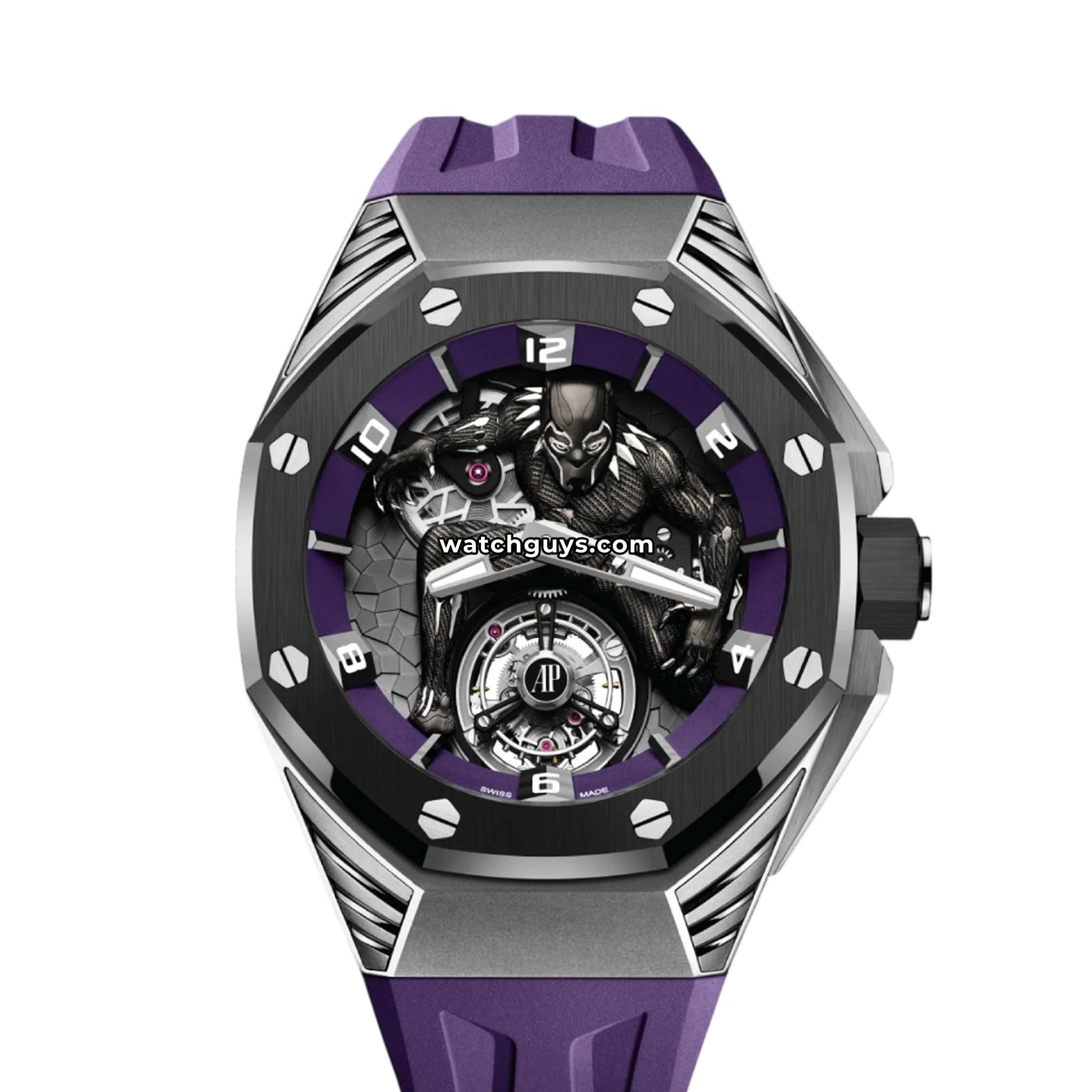 Audemars Piguet Royal Oak Concept Black Panther reference 26620IO in titanium and ceramic with hand-painted Black Panther figure, product photo from WatchGuys