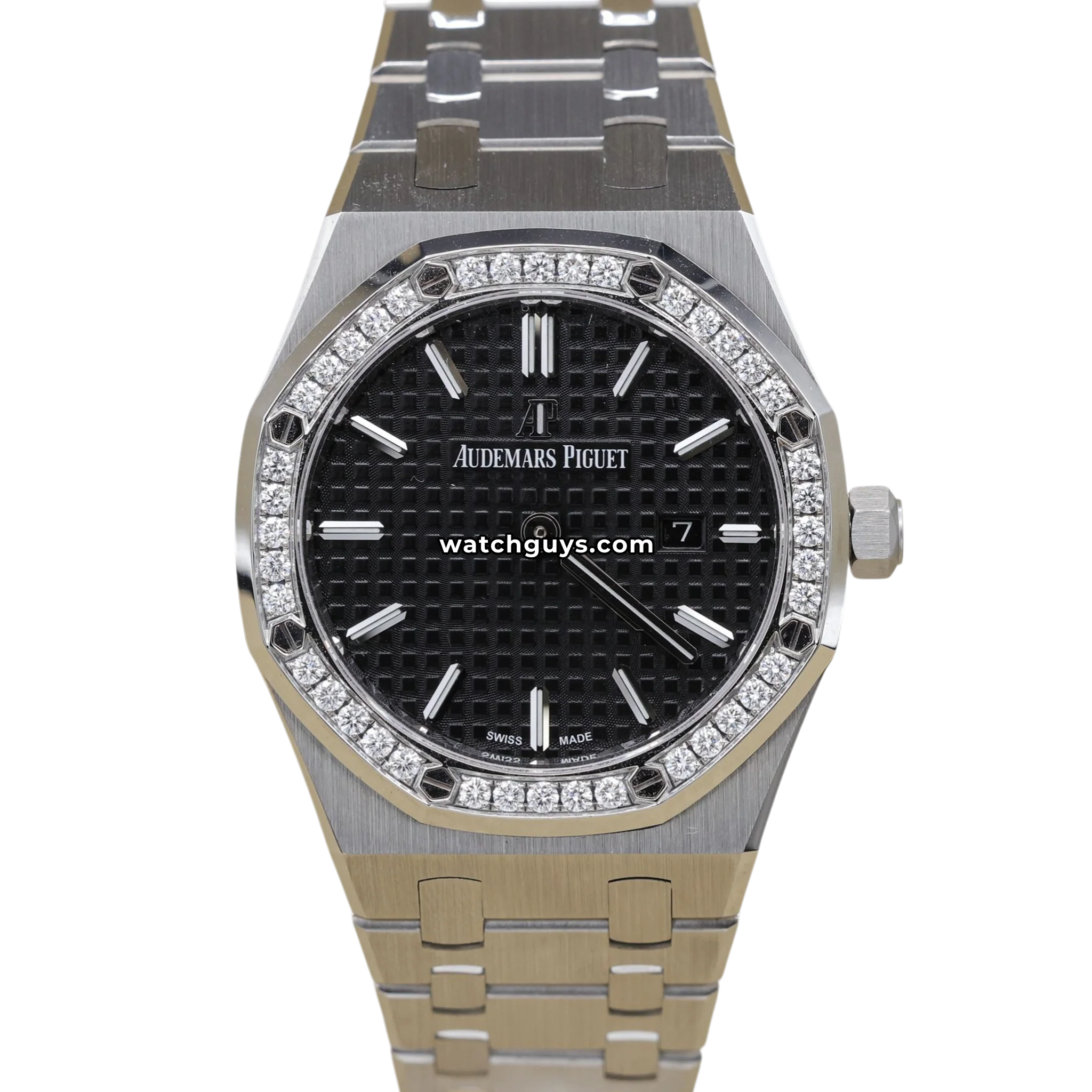 Audemars Piguet Royal Oak reference 67651ST in stainless steel with factory diamond bezel and black Grande Tapisserie dial product photo from WatchGuys