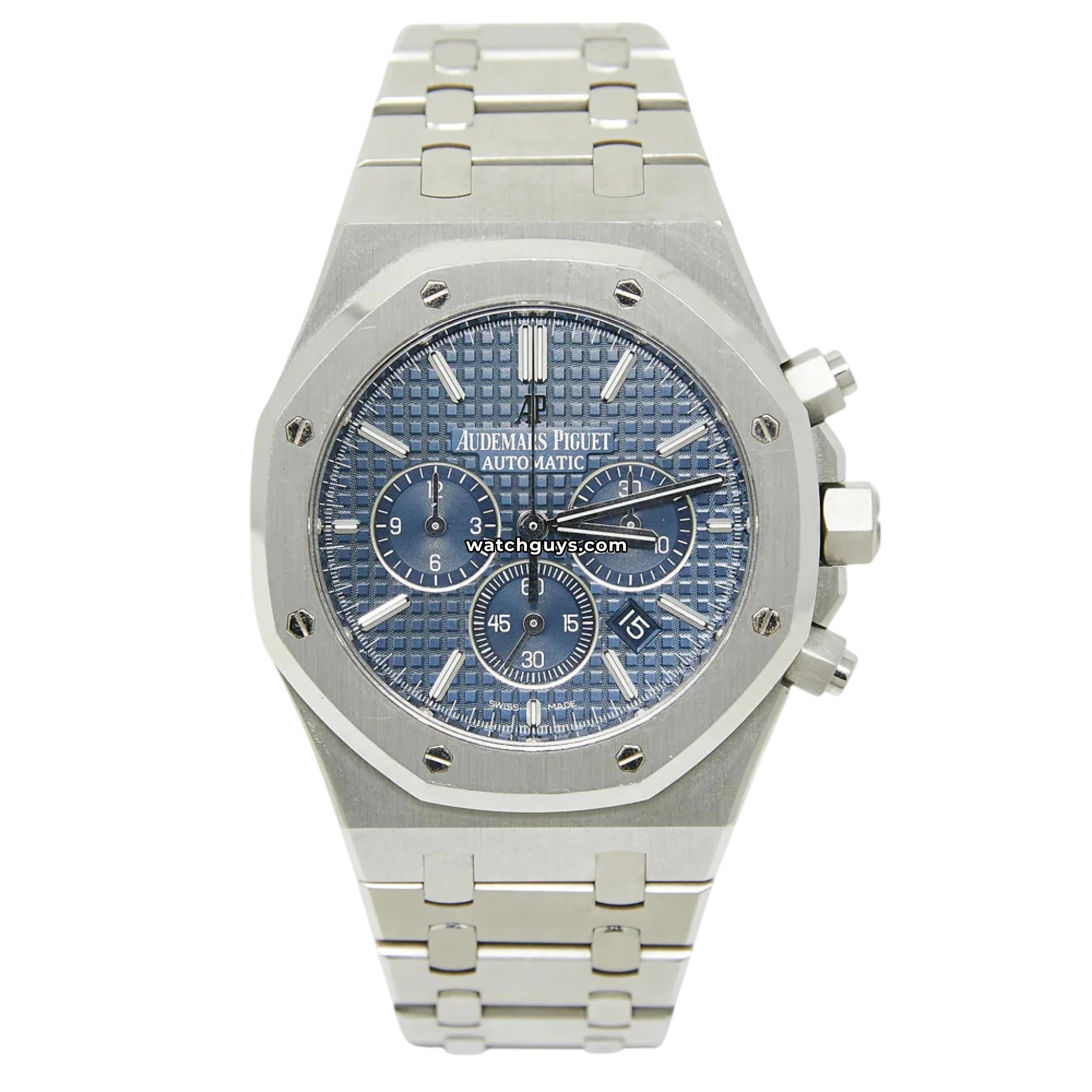 Audemars Piguet Royal Oak Chronograph reference 26320ST.OO.1220ST.03 in stainless steel with blue Grande Tapisserie dial product photo from WatchGuys