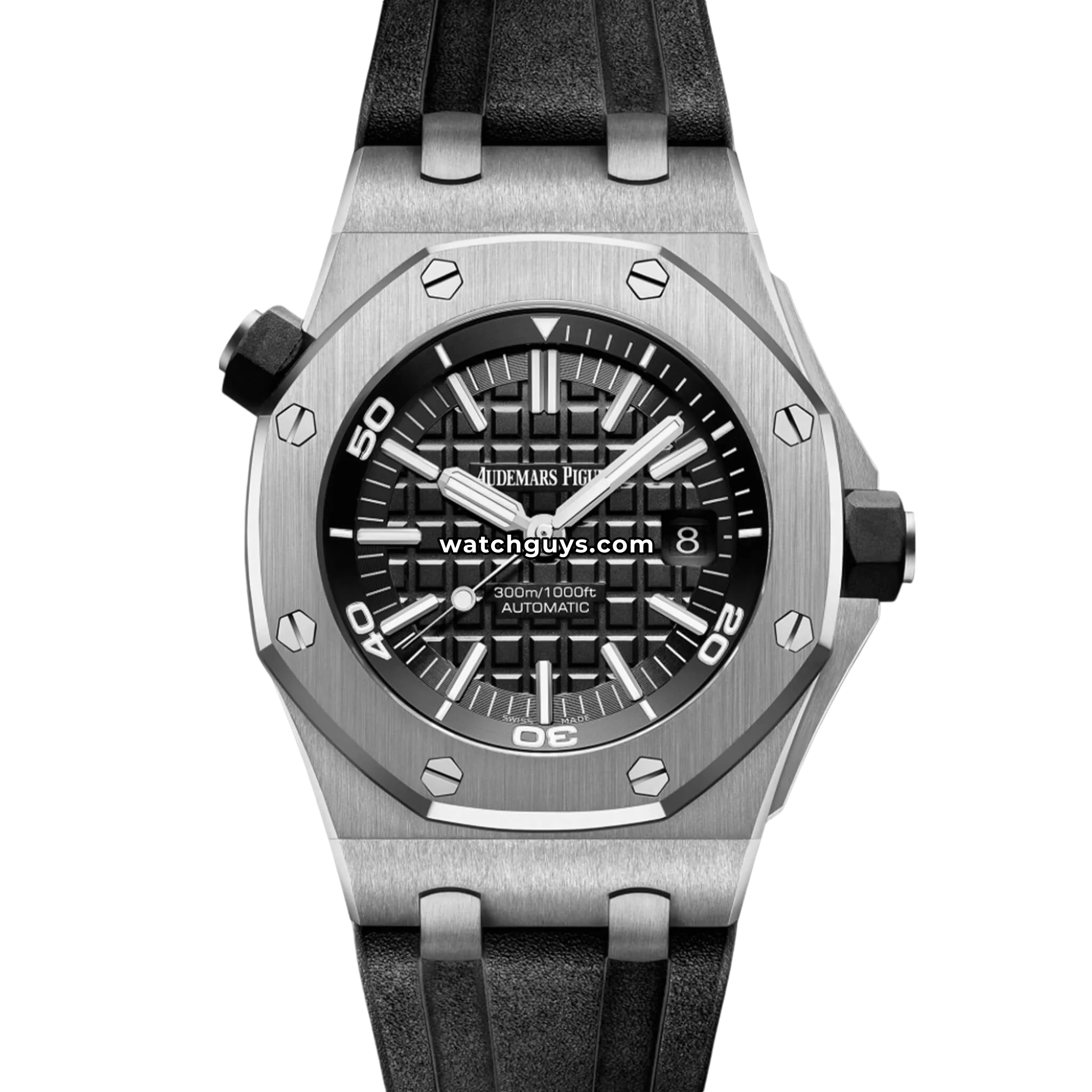 Audemars Piguet Royal Oak Offshore Diver reference 15710ST in steel with black Méga Tapisserie dial product photo from WatchGuys
