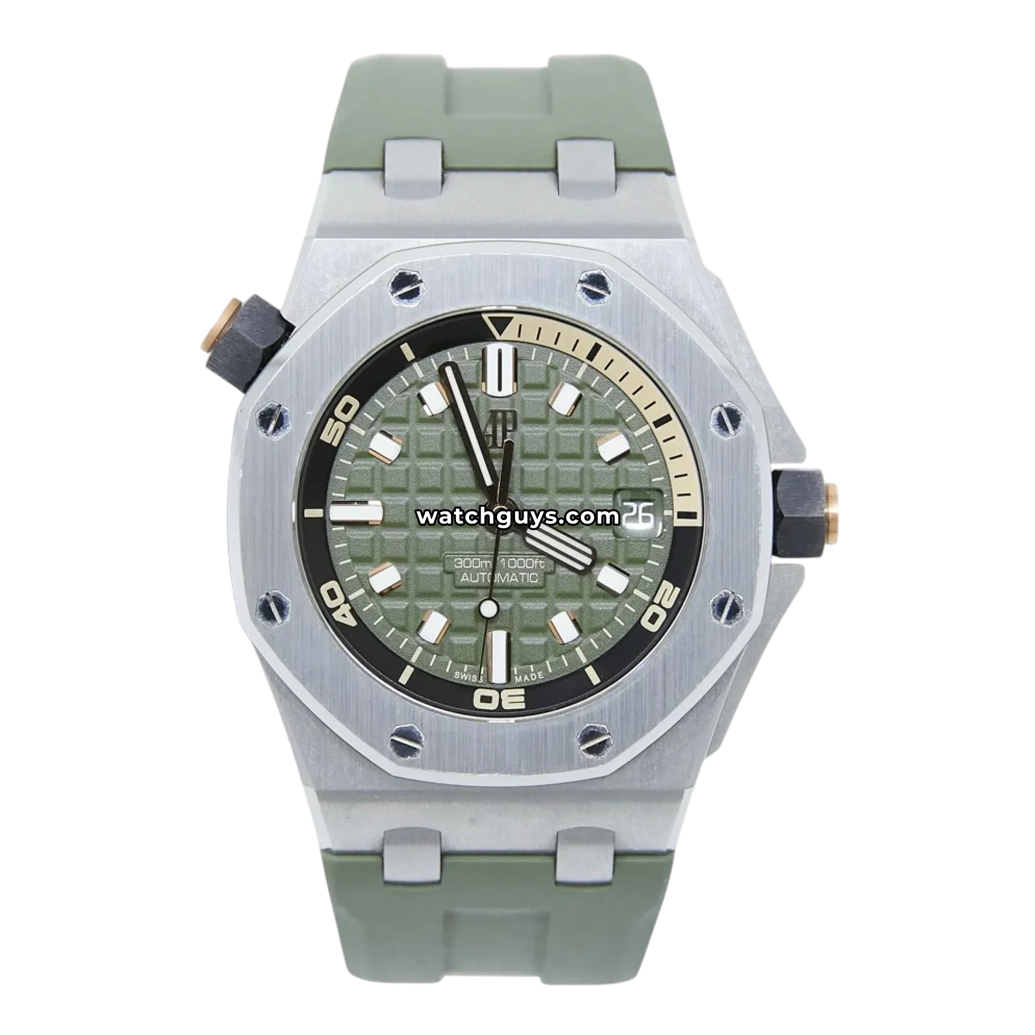 Audemars Piguet Royal Oak Offshore Diver reference 15720ST in stainless steel with green dial and matching rubber strap product photo from WatchGuys