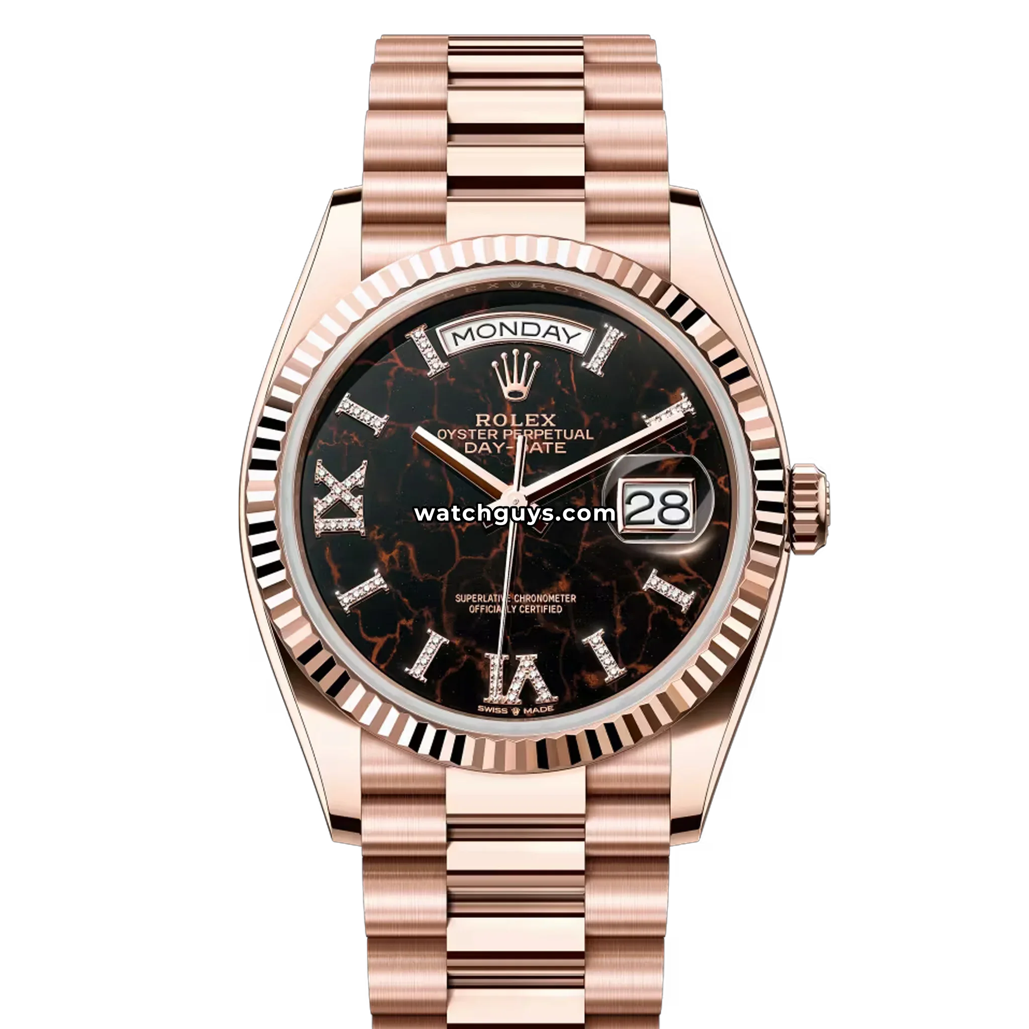 Rolex Day-Date 36 reference 128235 in Everose gold with eisenkiesel stone dial and diamond Roman numerals product photo from WatchGuys