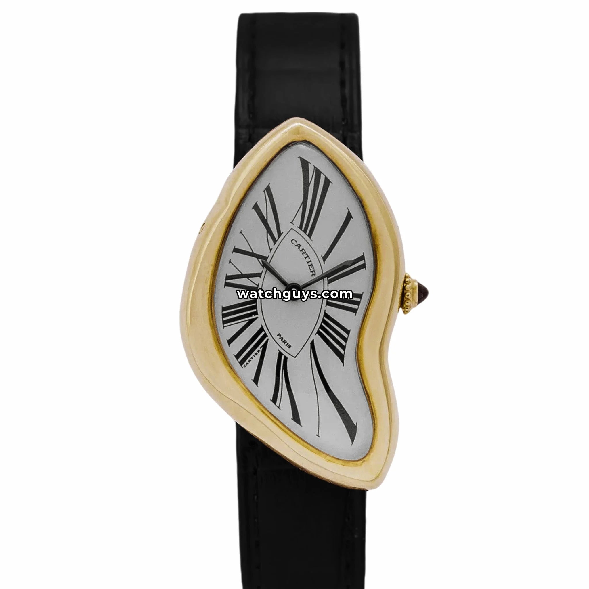 Cartier Crash in 18k yellow gold with distorted Roman numeral dial and sapphire cabochon crown product photo from WatchGuys