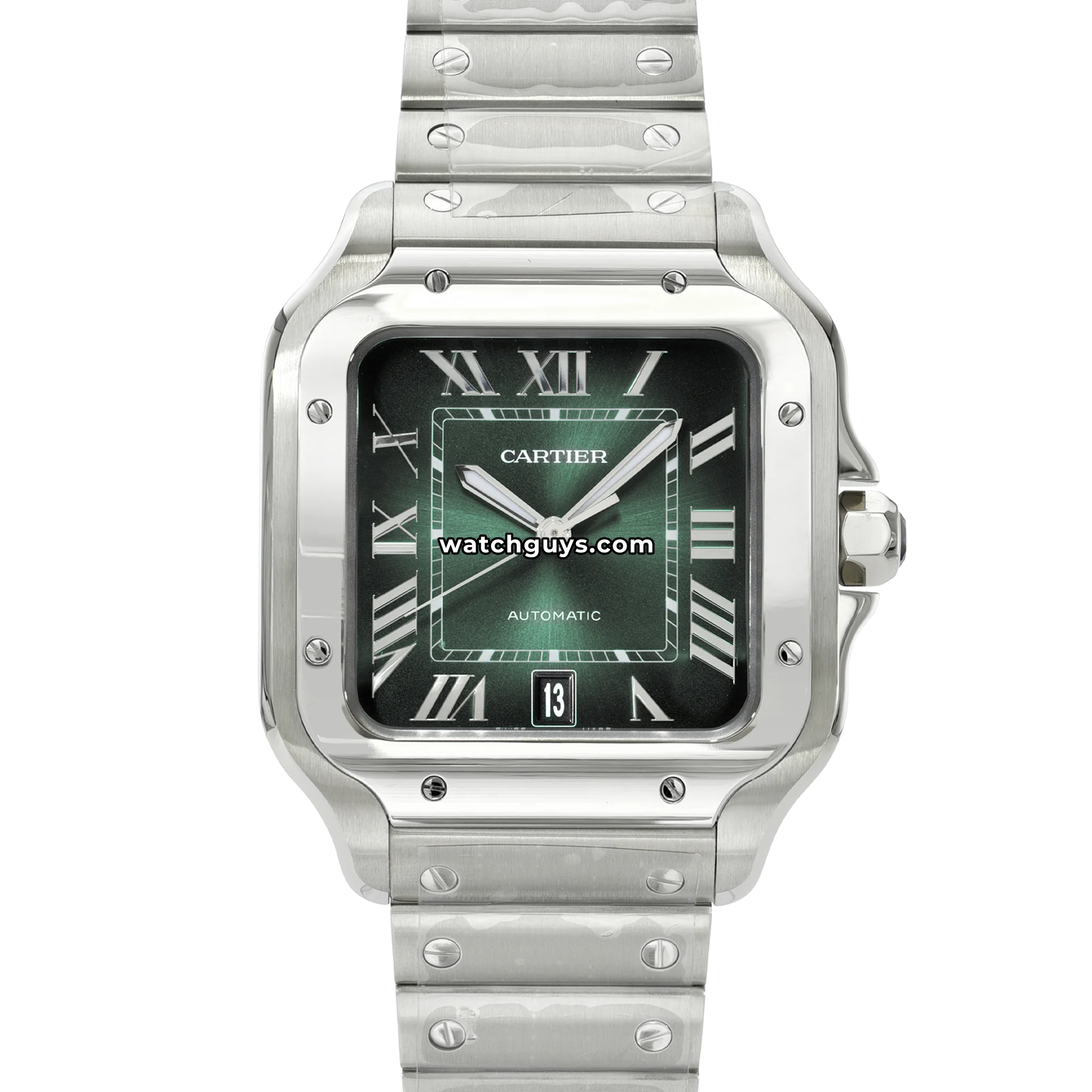 Cartier Santos reference WSSA0062 in steel with green dial and green alligator strap product photo from WatchGuys