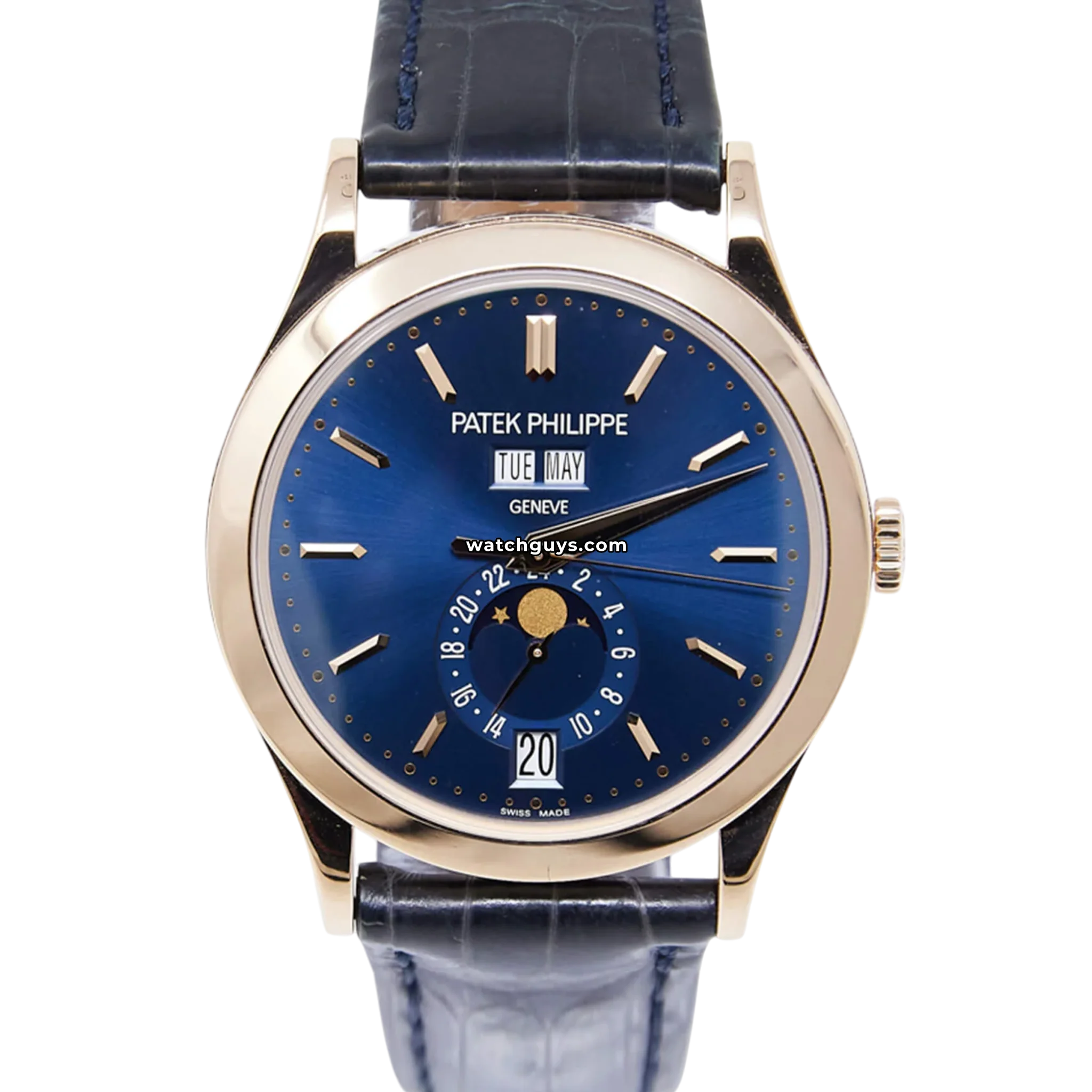 Patek Philippe Annual Calendar reference 5396R-015 with rose gold case, blue dial, baguette diamond markers and moon phase product photo from WatchGuys