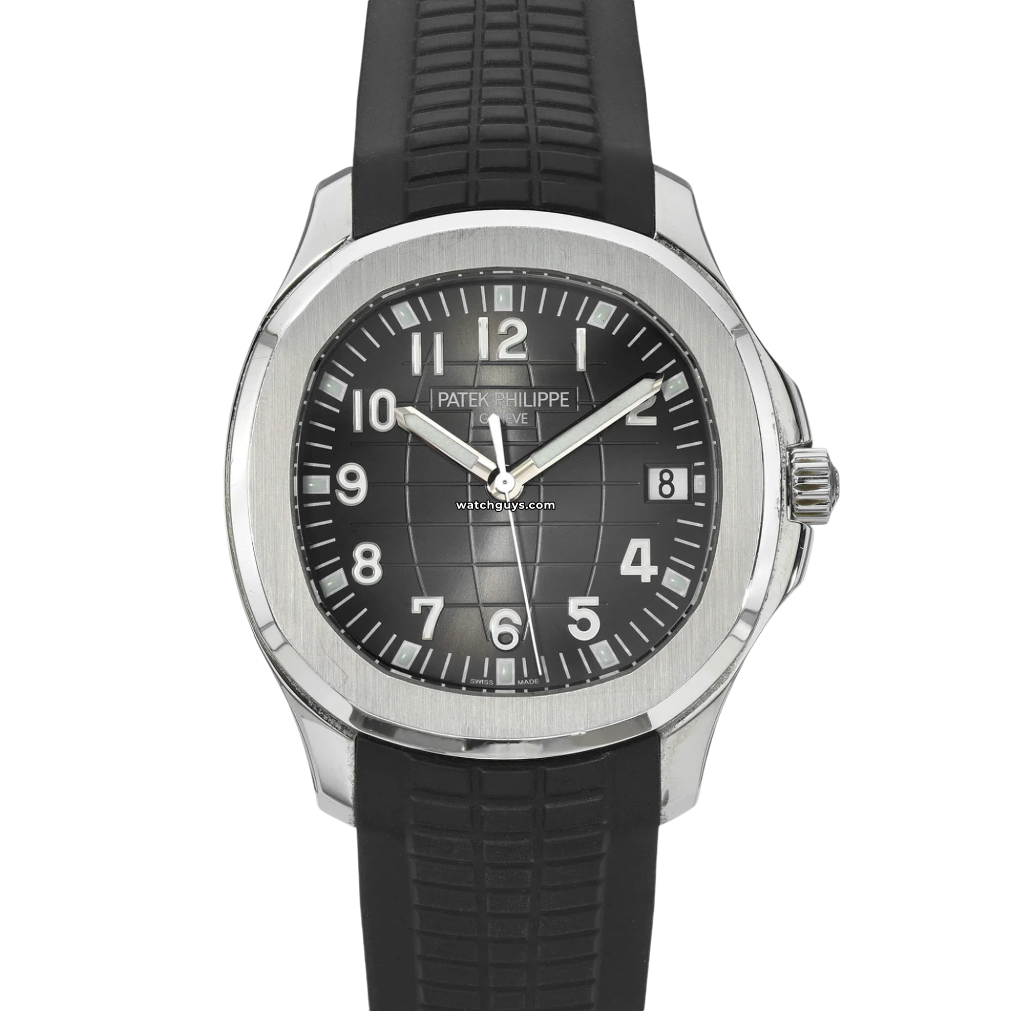 Patek Philippe Aquanaut reference 5167A-001 in steel with a black embossed dial and tropical strap product photo from WatchGuys