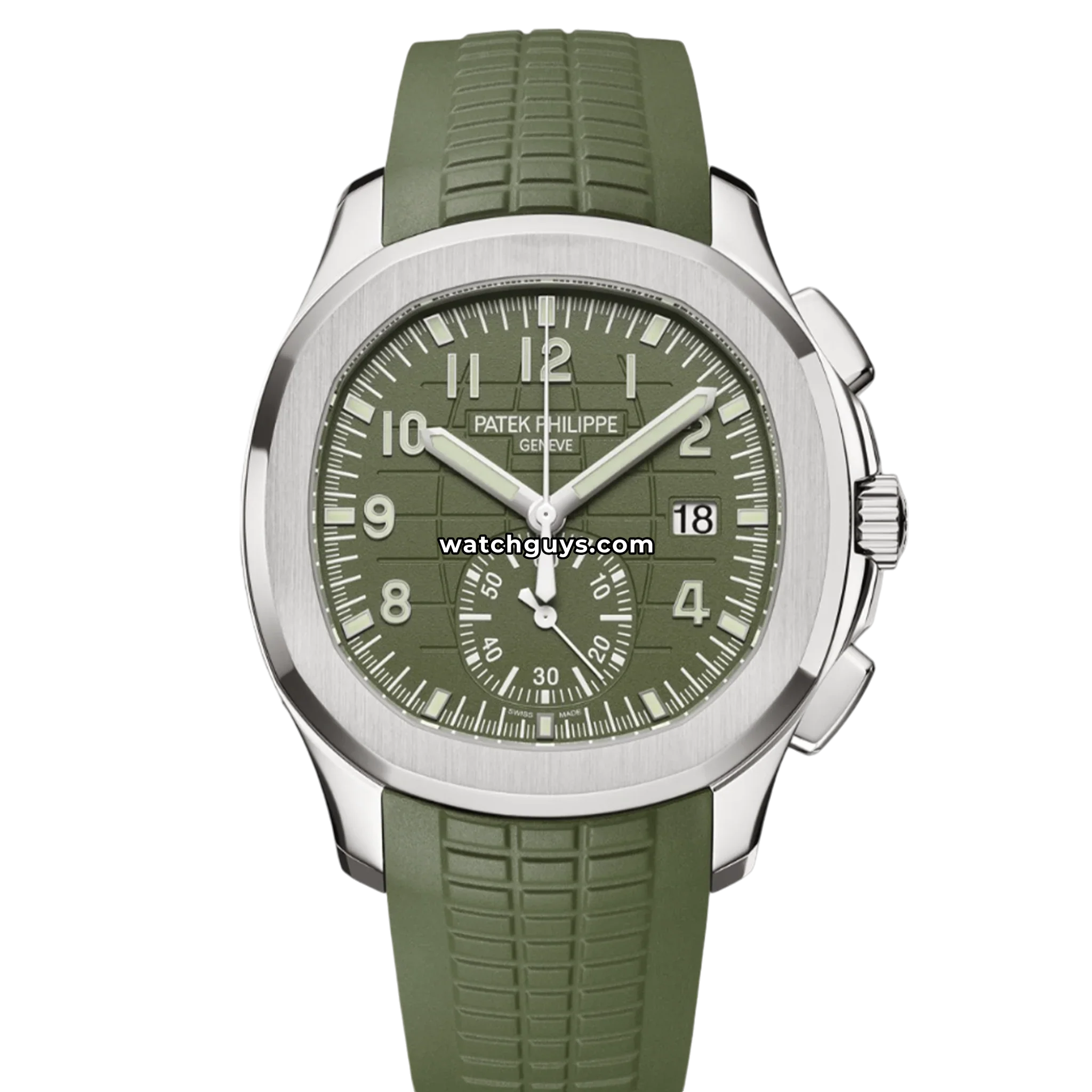 Patek Philippe Aquanaut Chronograph reference 5968G in white gold with khaki green embossed dial and matching rubber strap, product photo from WatchGuys