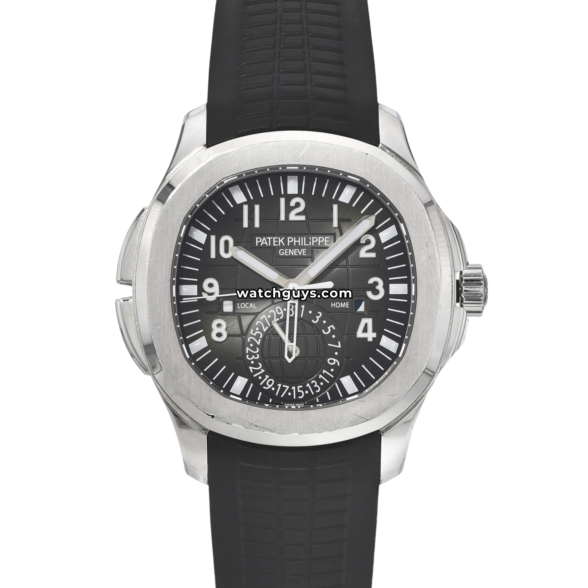 Patek Philippe Aquanaut Travel Time reference 5164A-001 in steel with black embossed dial and dual time hands product photo from WatchGuys