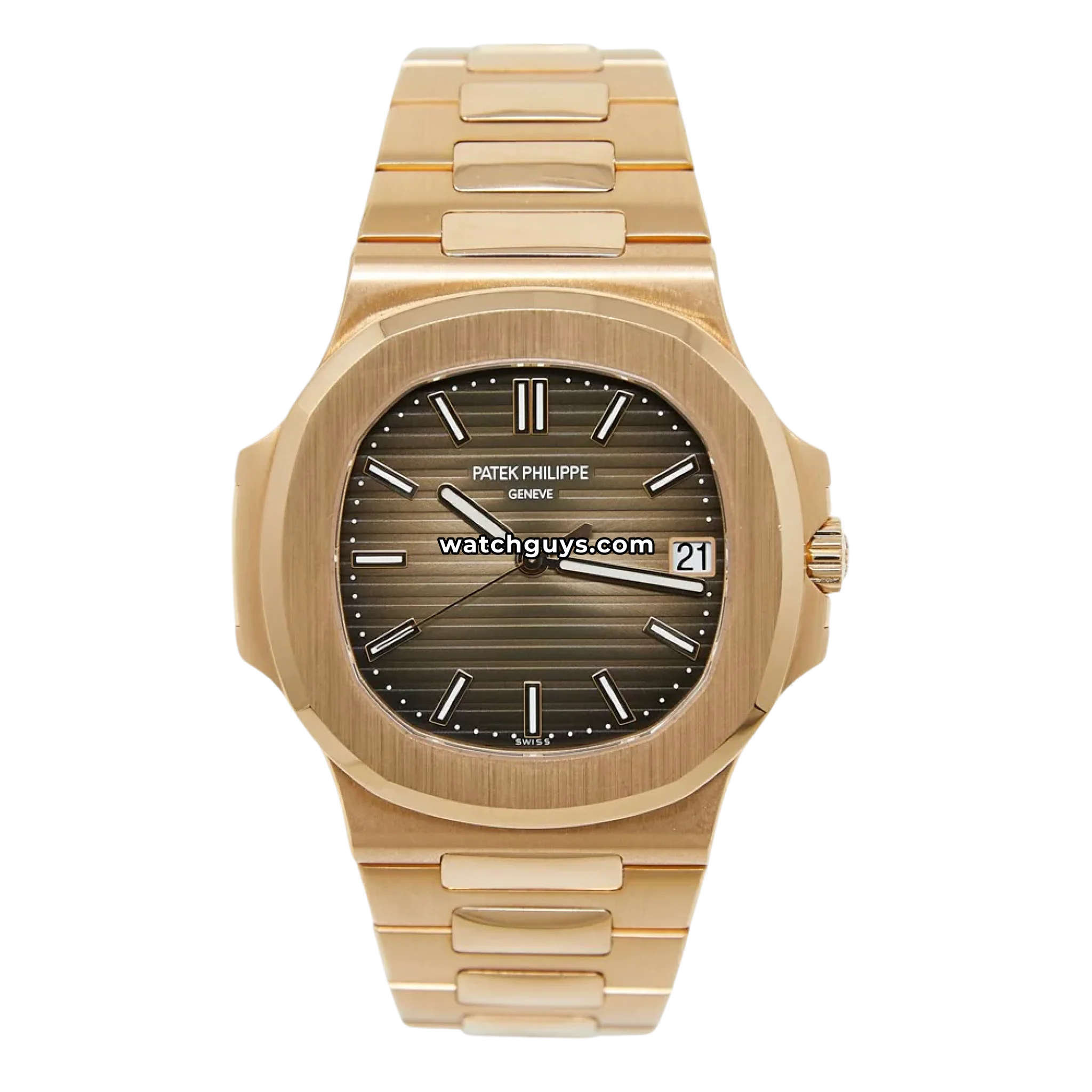 Patek Philippe Nautilus reference 5711/1R-001 in 18k rose gold with brown sunburst horizontally embossed dial and integrated rose gold bracelet product photo from WatchGuys