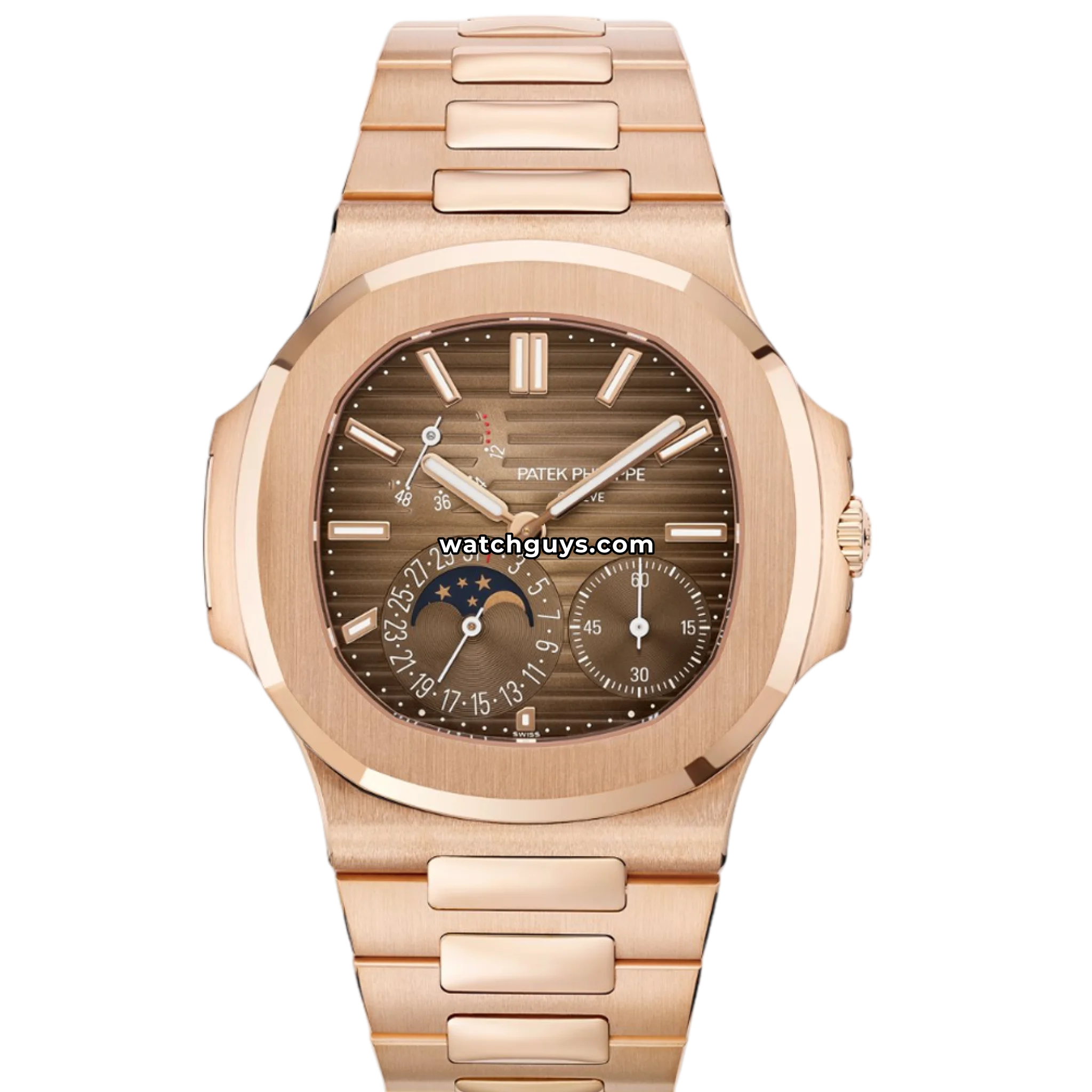 Patek Philippe Nautilus reference 5712/1R-001 in rose gold with moon phase, power reserve and pointer date product photo from WatchGuys