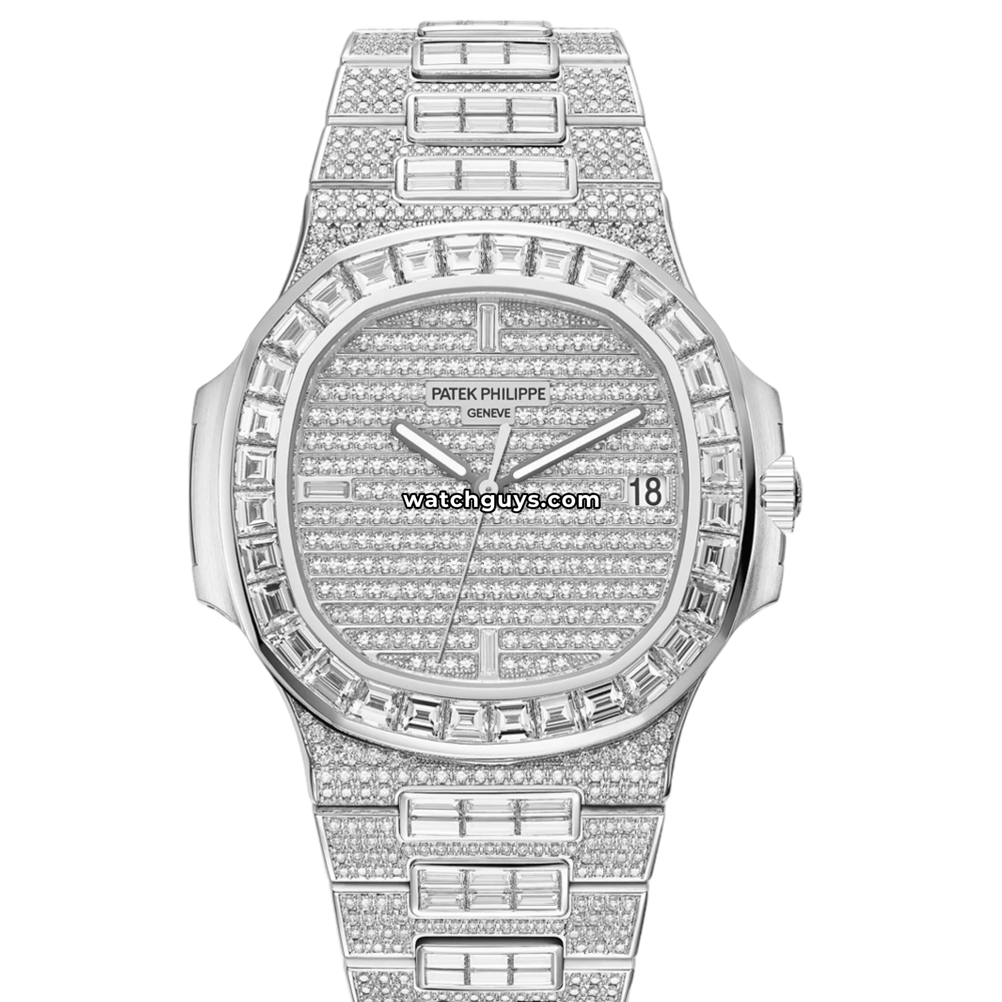 Patek Philippe Nautilus reference 5719/10G white gold with baguette diamond bezel and pavé diamond dial product photo from WatchGuys