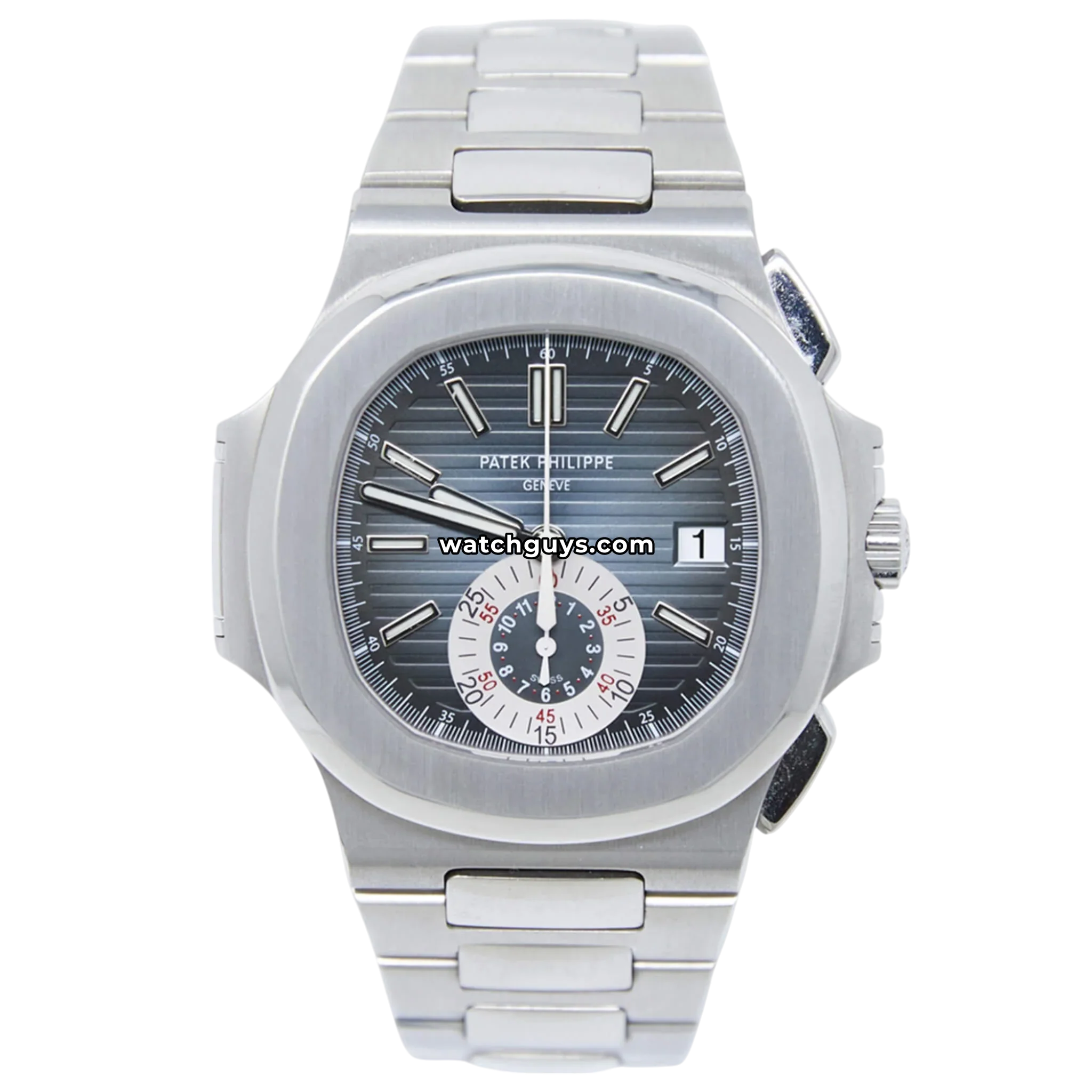 Patek Philippe Nautilus Chronograph reference 5980 in white gold with blue dial and denim strap product photo from WatchGuys