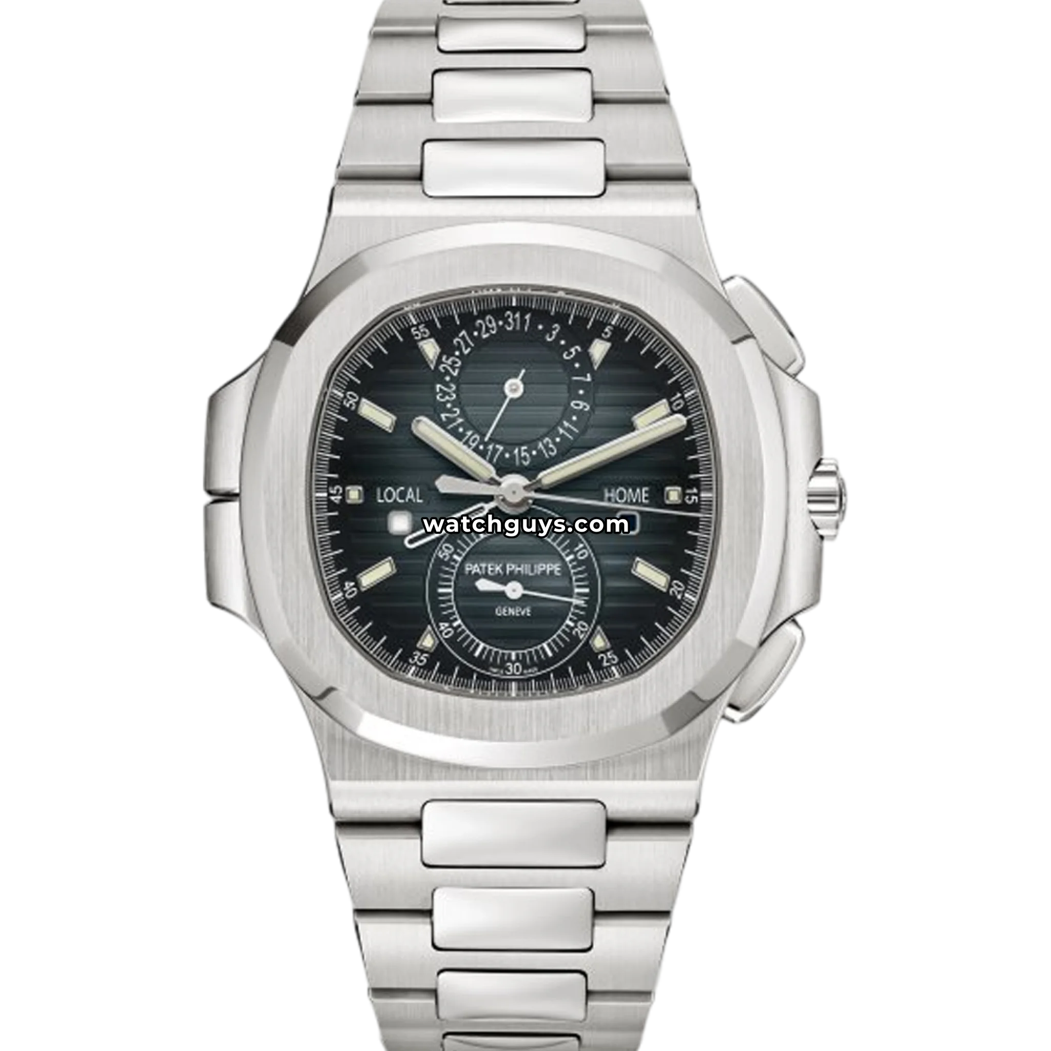 Patek Philippe Nautilus Travel Time Chronograph reference 5990/1A in stainless steel with blue black dial product photo from WatchGuys
