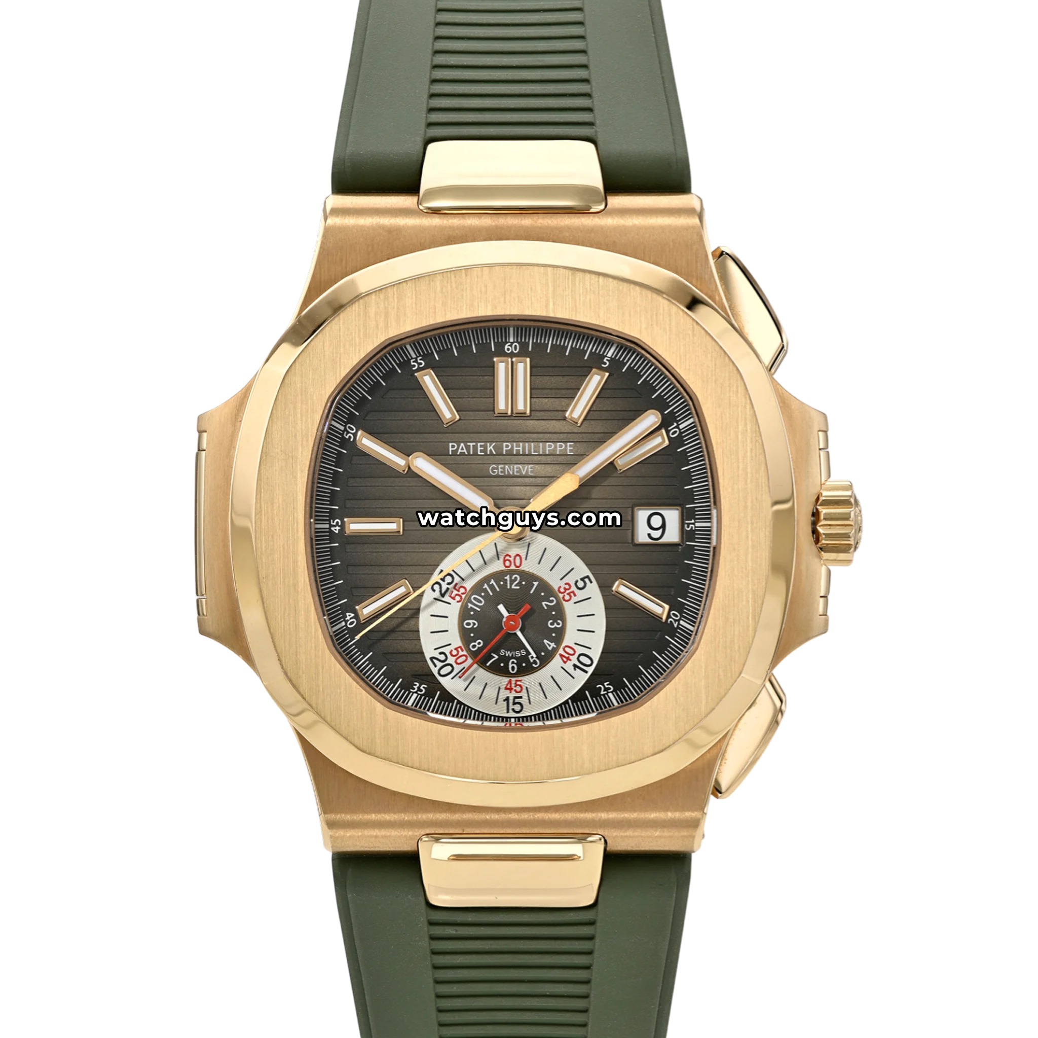 Patek Philippe Nautilus reference 5980R-001 chronograph in 18k rose gold with brown gradient dial on brown alligator leather strap product photo from WatchGuys