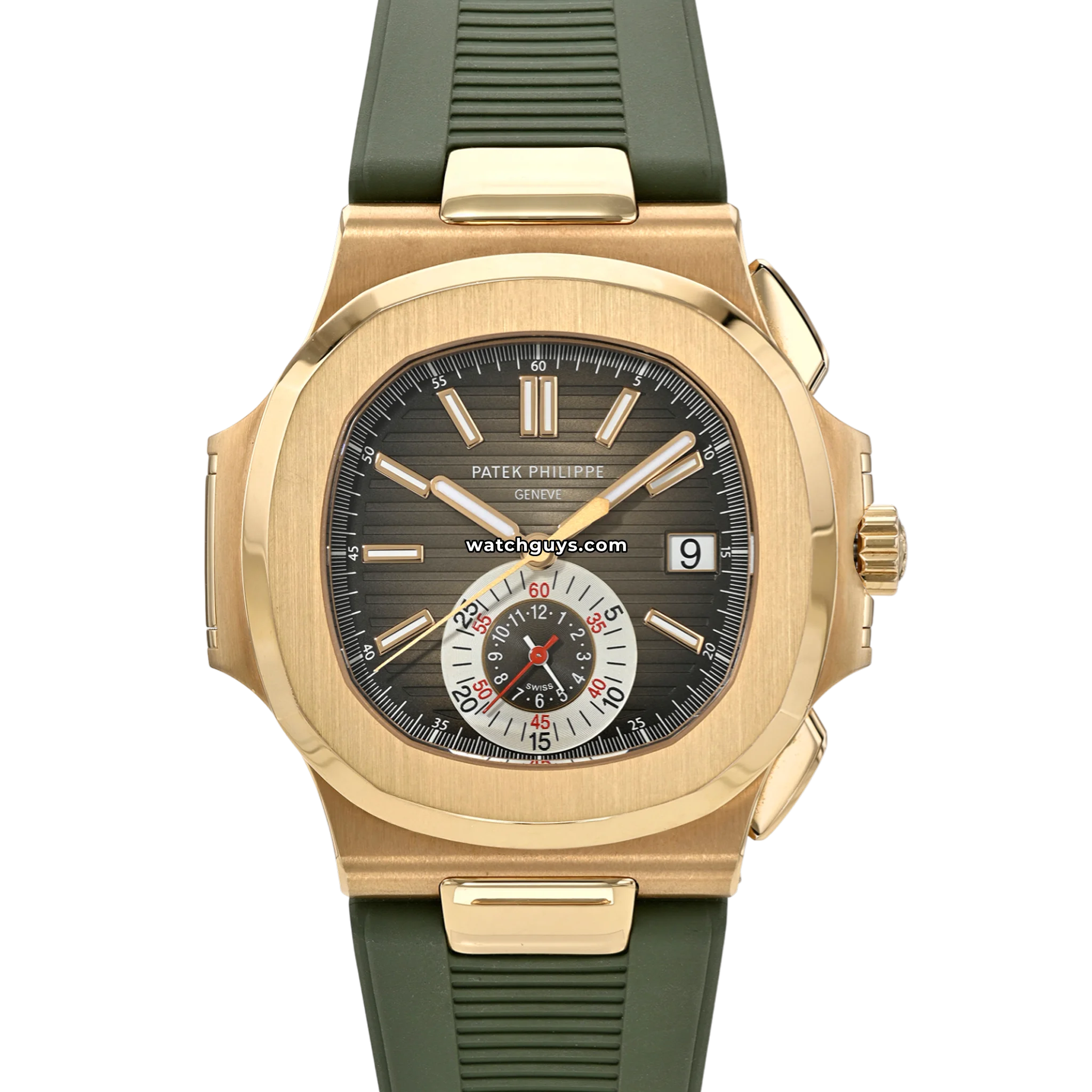 Patek Philippe Nautilus Chronograph reference 5980R-001 in rose gold on strap product photo from WatchGuys
