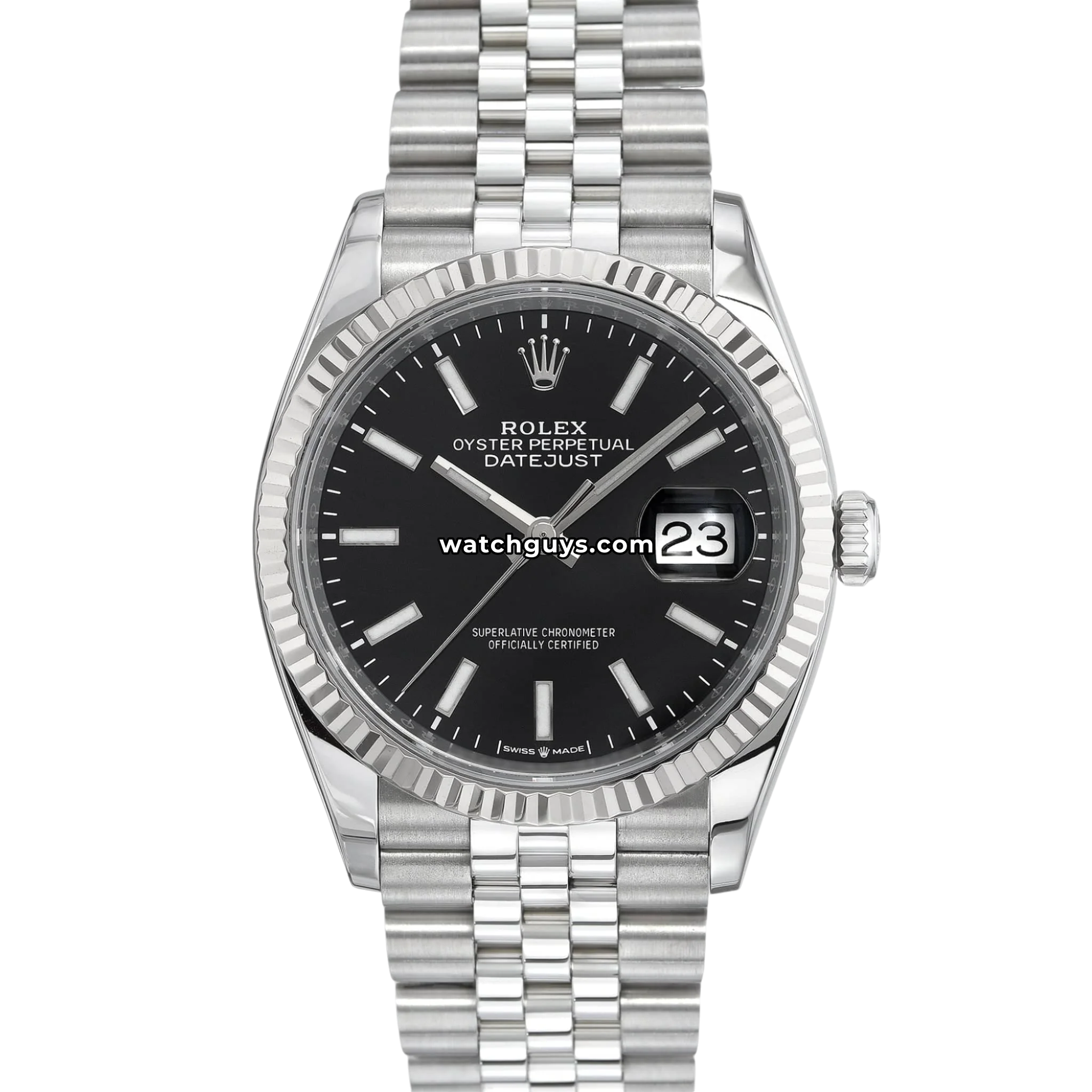 Rolex Datejust 36 reference 126234 in Oystersteel with white gold fluted bezel, black dial and Jubilee bracelet product photo from WatchGuys