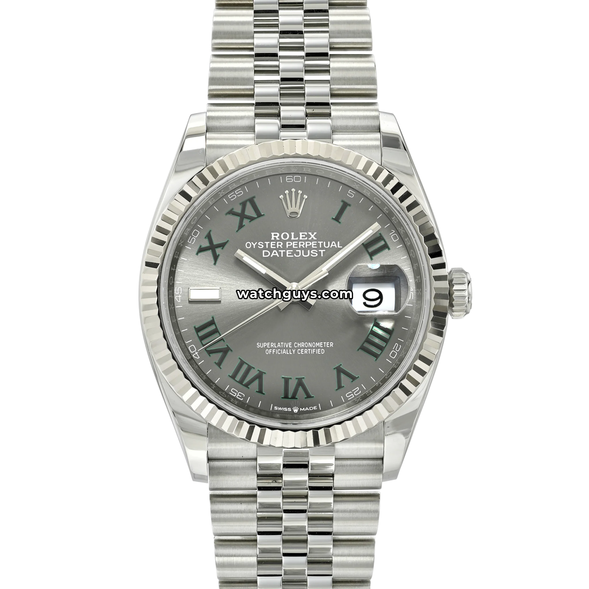 Rolex Datejust reference 126234 Wimbledon with slate grey dial, green Roman numerals and fluted white gold bezel product photo from WatchGuys