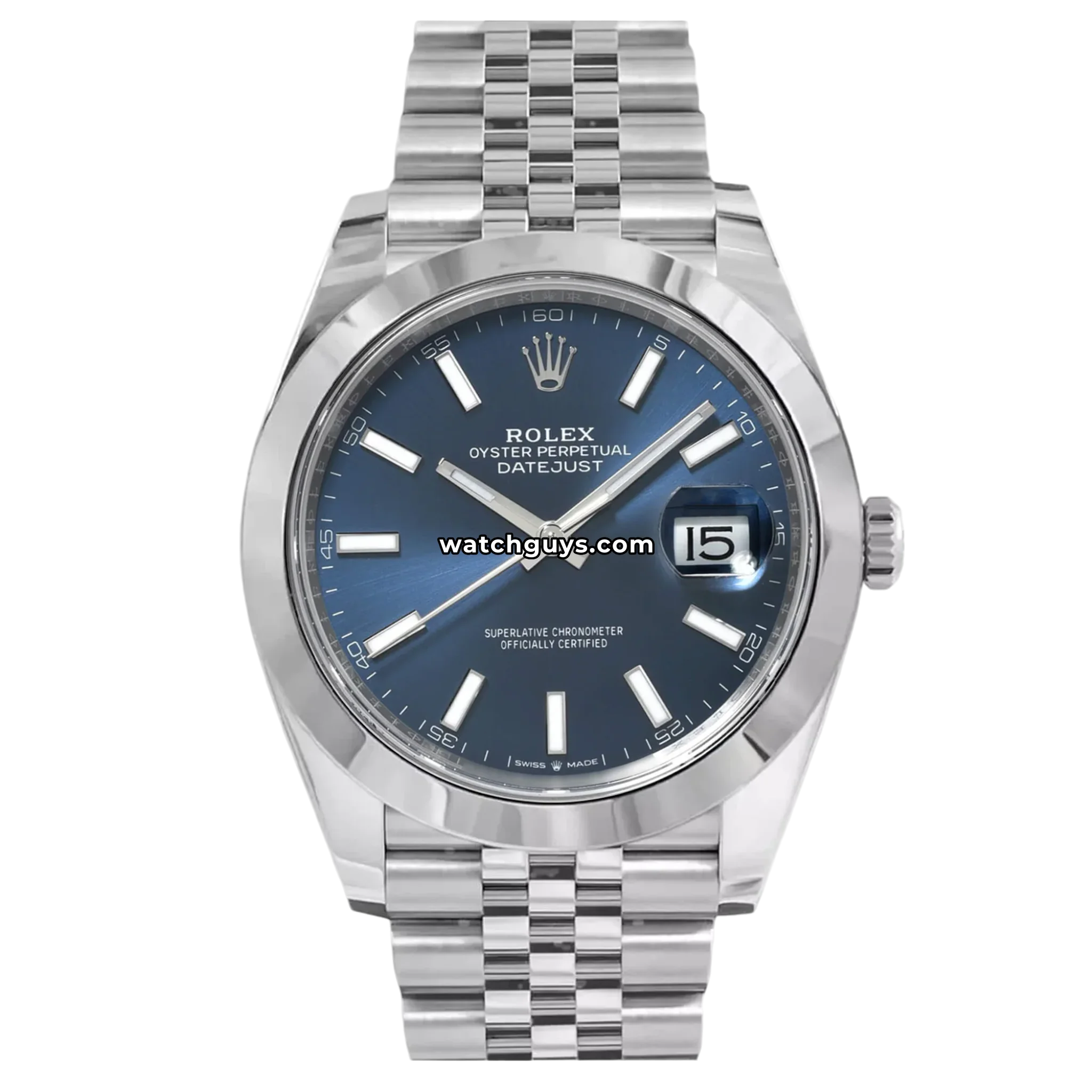 Rolex Datejust 41 reference 126300 in Oystersteel with blue sunburst dial, smooth bezel and Jubilee bracelet product photo from WatchGuys