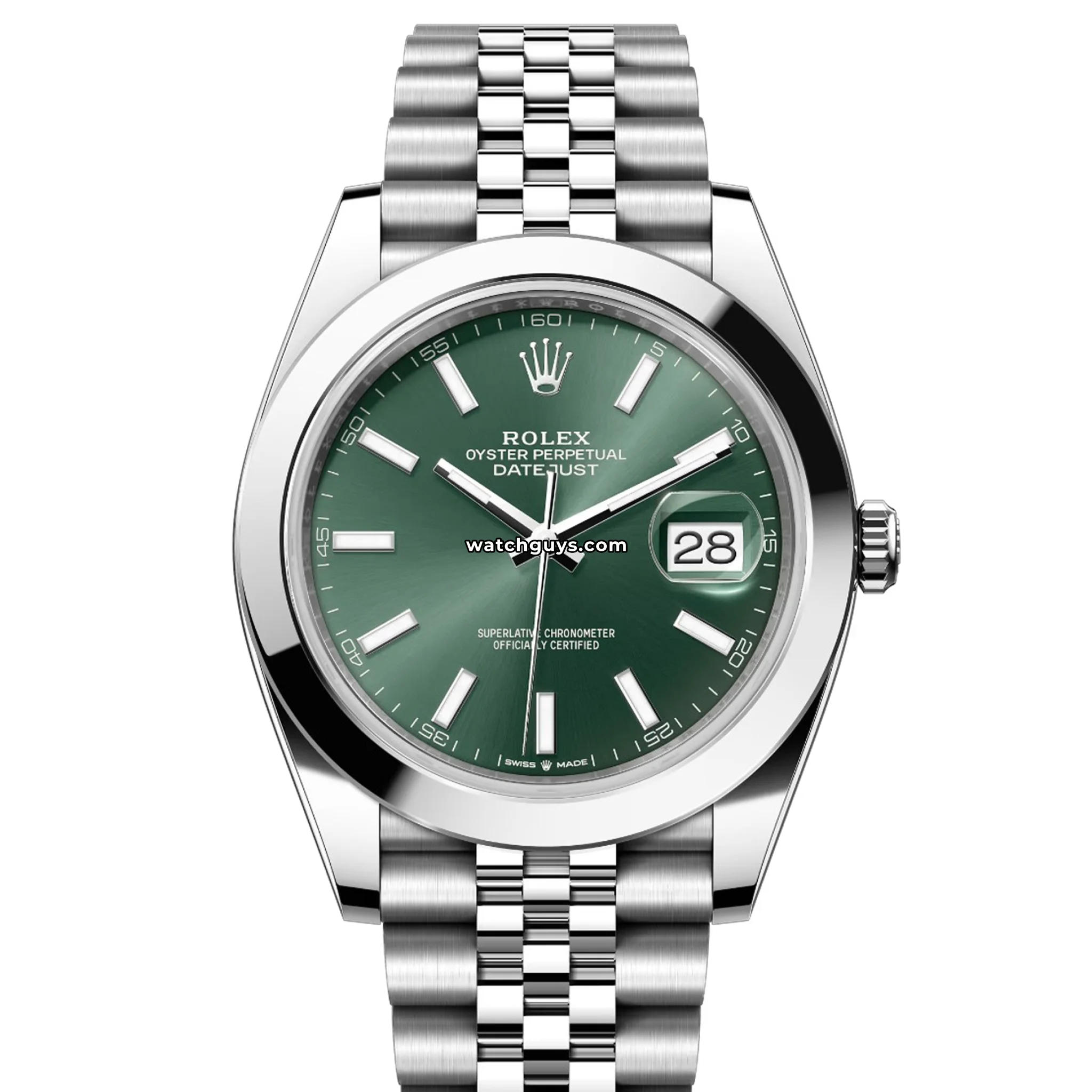 Rolex Datejust 41 reference 126300 with mint green sunburst dial, smooth bezel and Jubilee bracelet product photo from WatchGuys