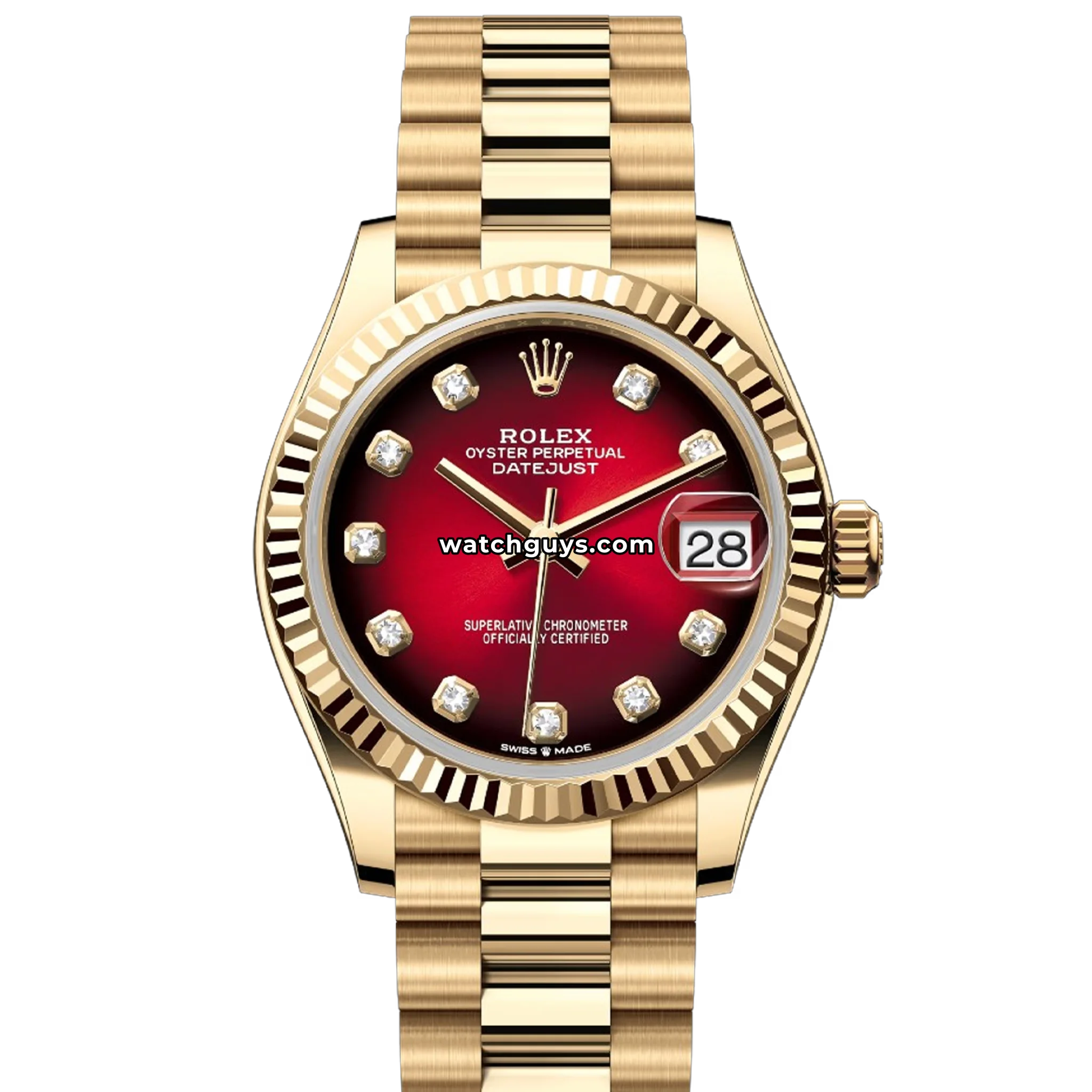 Rolex Datejust 31 reference 278278 in 18k yellow gold with champagne diamond dial and President bracelet product photo from WatchGuys