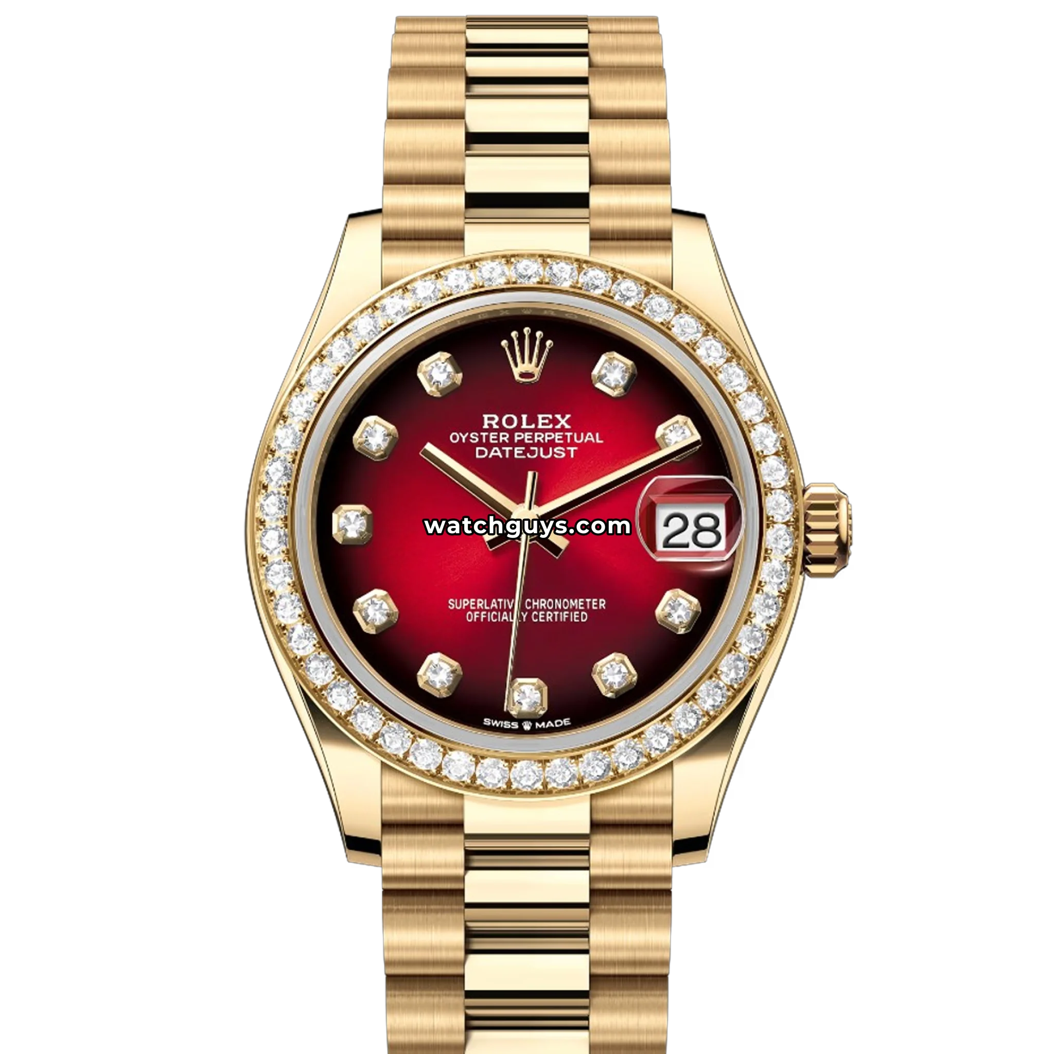 Rolex Datejust 31 reference 278288RBR in yellow gold with a red ombre diamond dial and diamond bezel product photo from WatchGuys