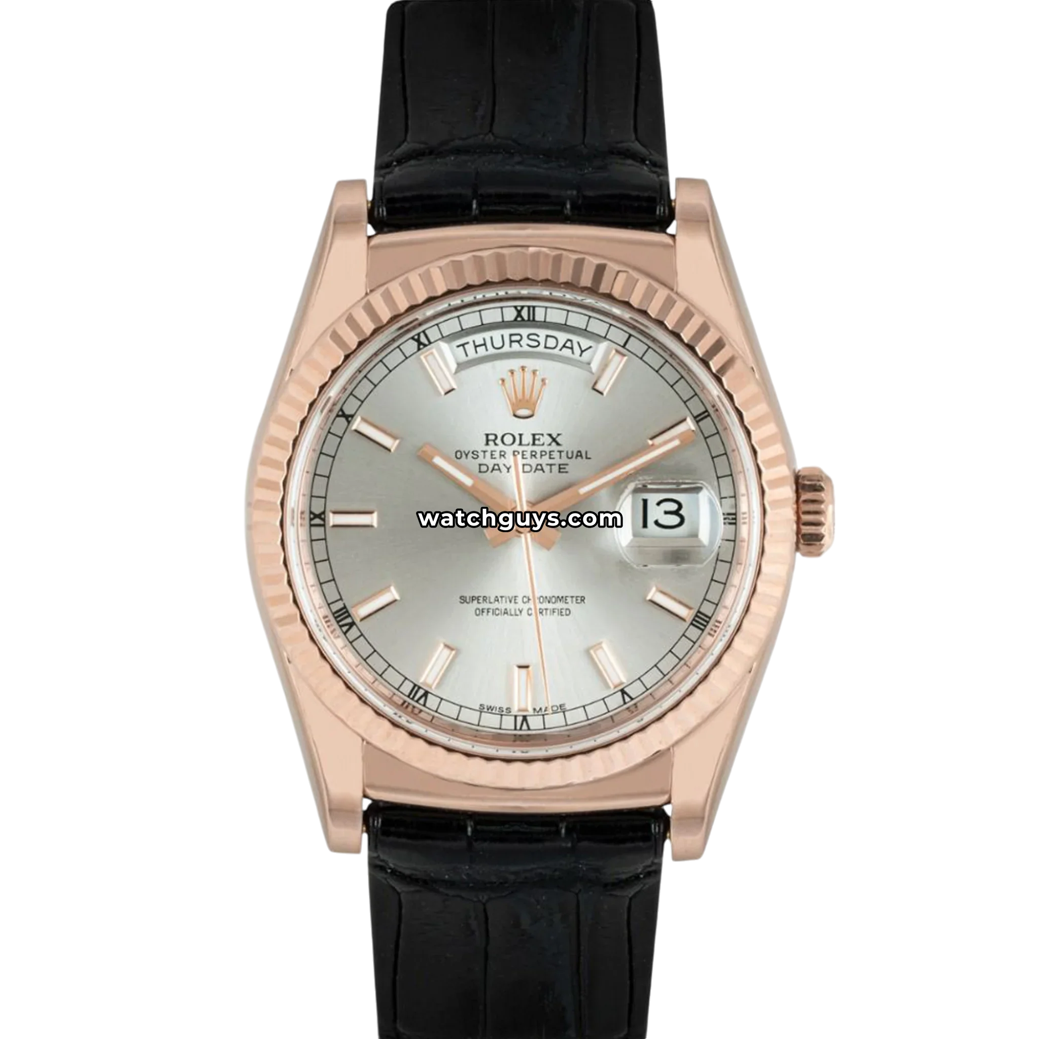 Rolex Day-Date 118135 Silver 36mm 18K Rose Gold – WatchGuys