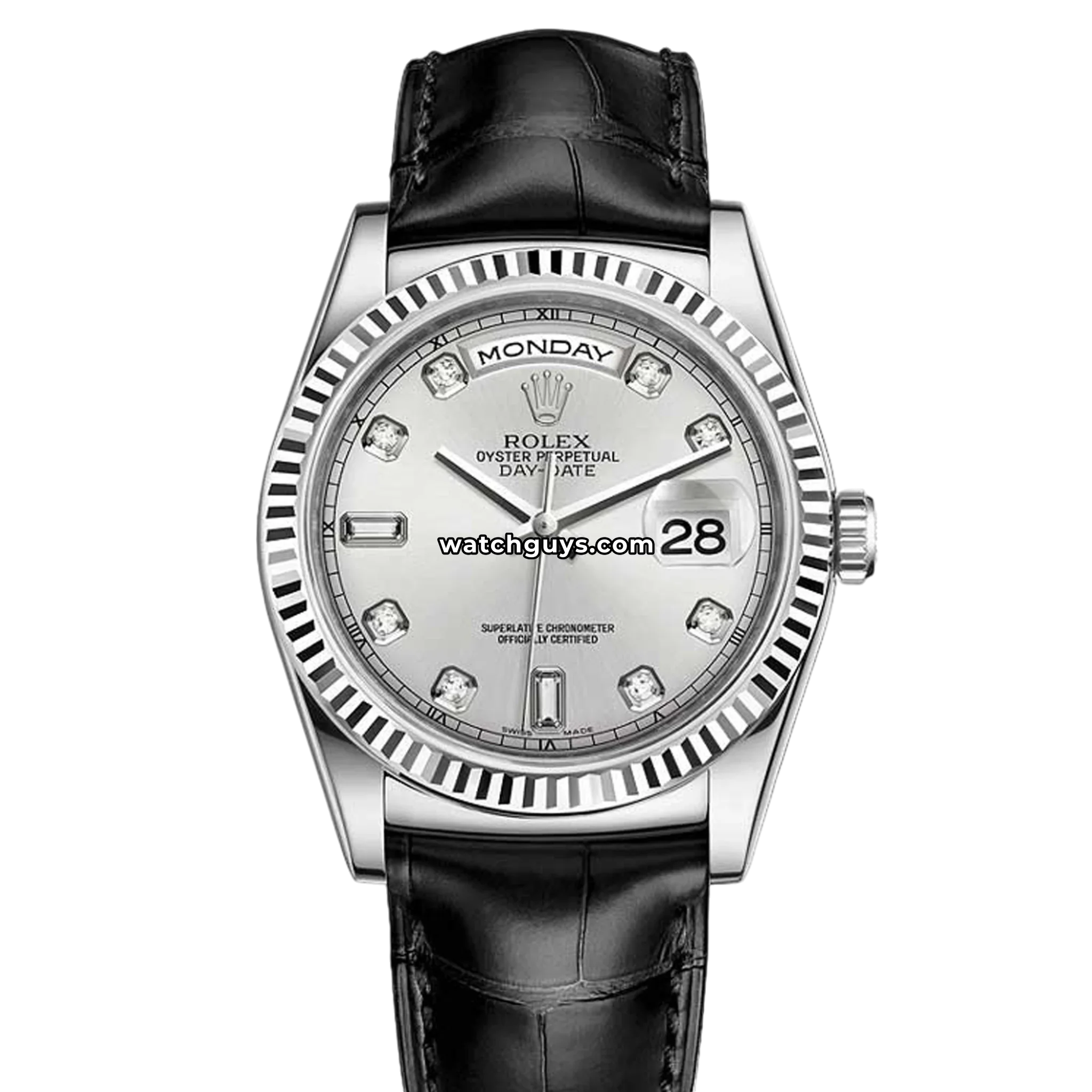 Rolex Day-Date 118139 Silver 36mm 18K White Gold – WatchGuys