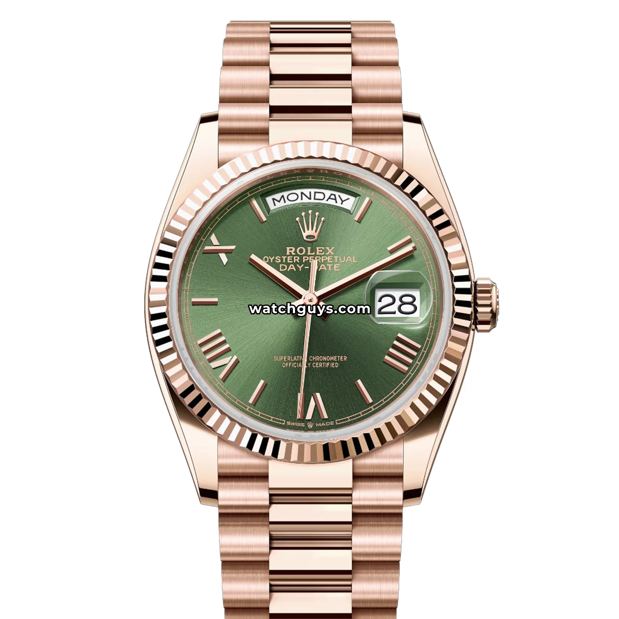 Rolex Day-Date 36 reference 128235 in Everose gold with an olive green Roman numeral dial and President bracelet, product photo from WatchGuys