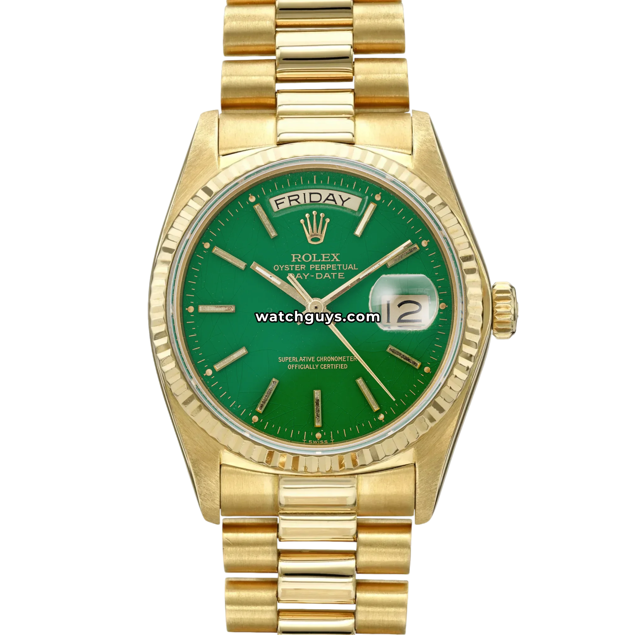 Vintage Rolex Day-Date reference 18038 in yellow gold with textured nugget bracelet green stone dial and diamond bezel product photo from WatchGuys