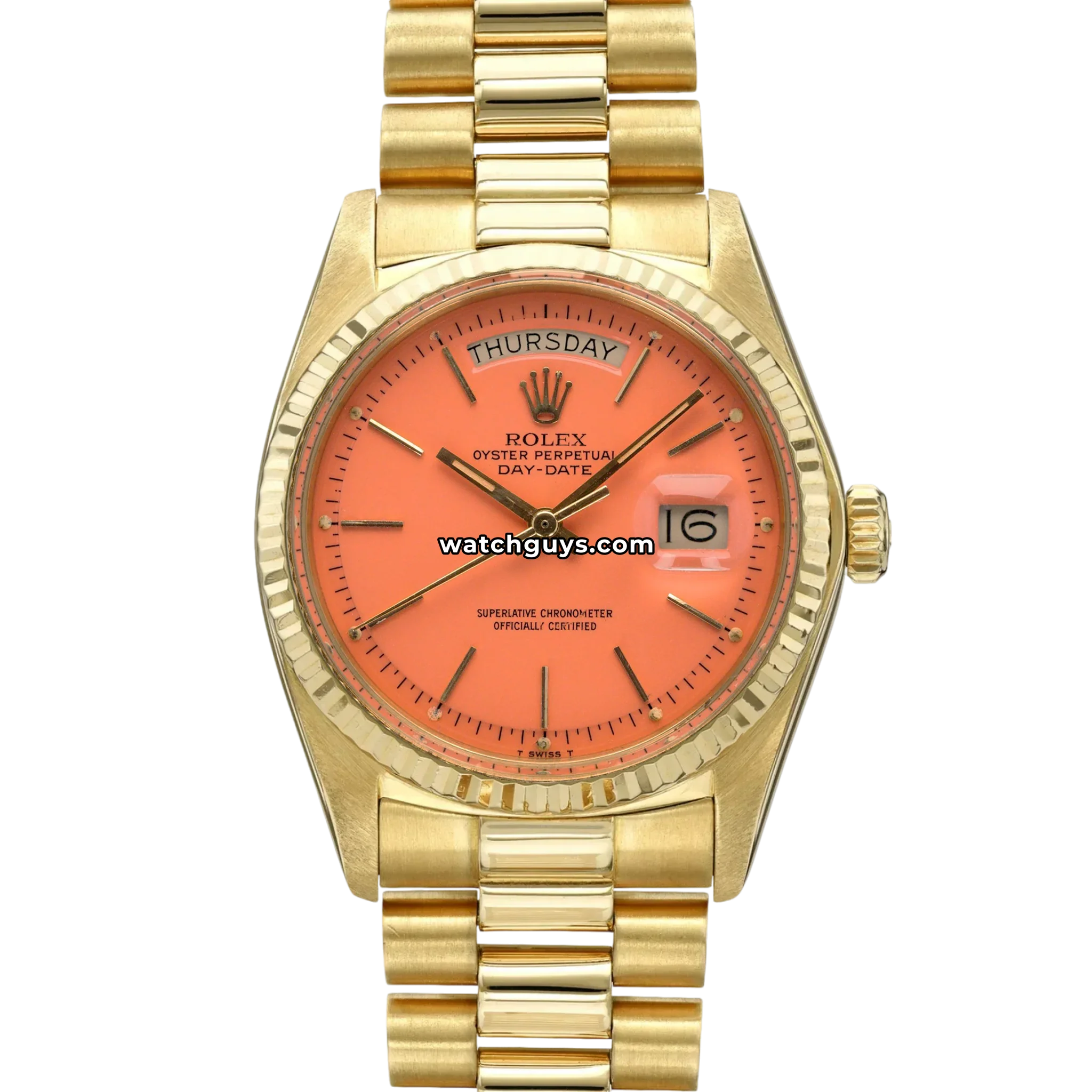 Rolex Day-Date 18038 Salmon Stella 36mm 18K Yellow Gold – WatchGuys