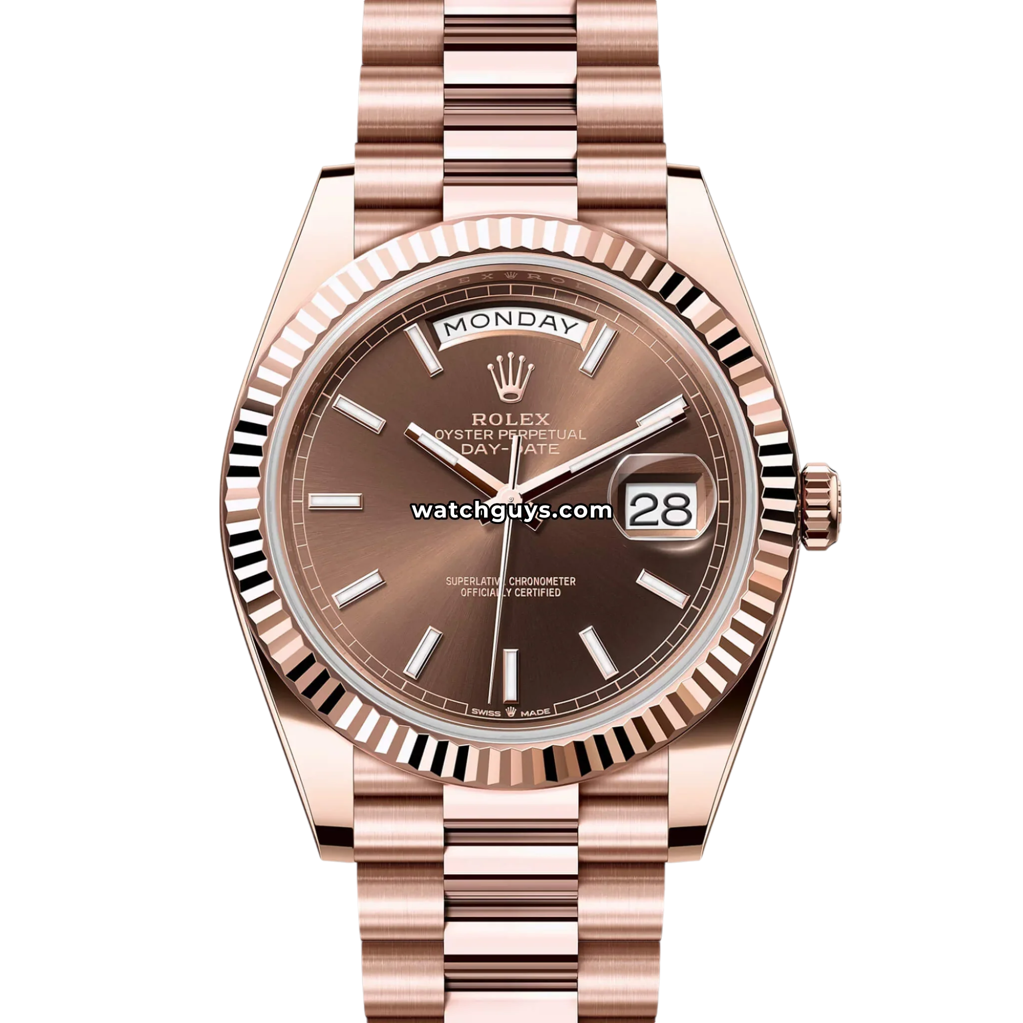Rolex Day-Date reference 228235 in Everose gold with chocolate dial and President bracelet product photo from WatchGuys