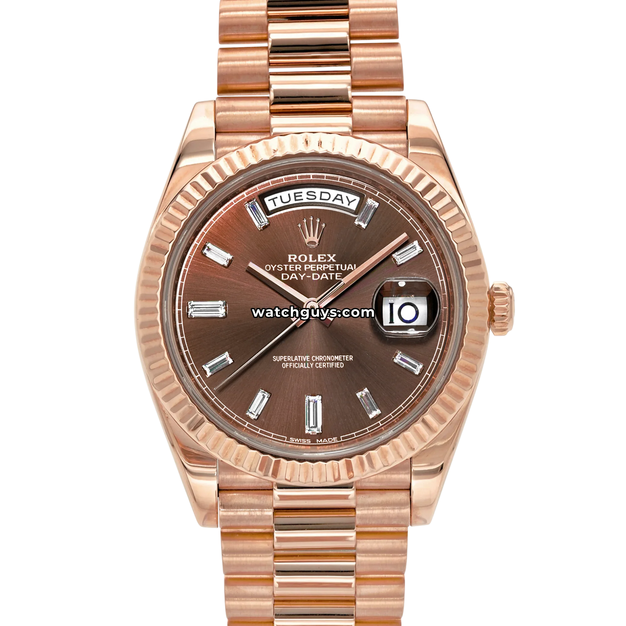 Rolex Day-Date 40 reference 228235 in Everose gold with a baguette diamond hour marker dial, product photo from WatchGuys