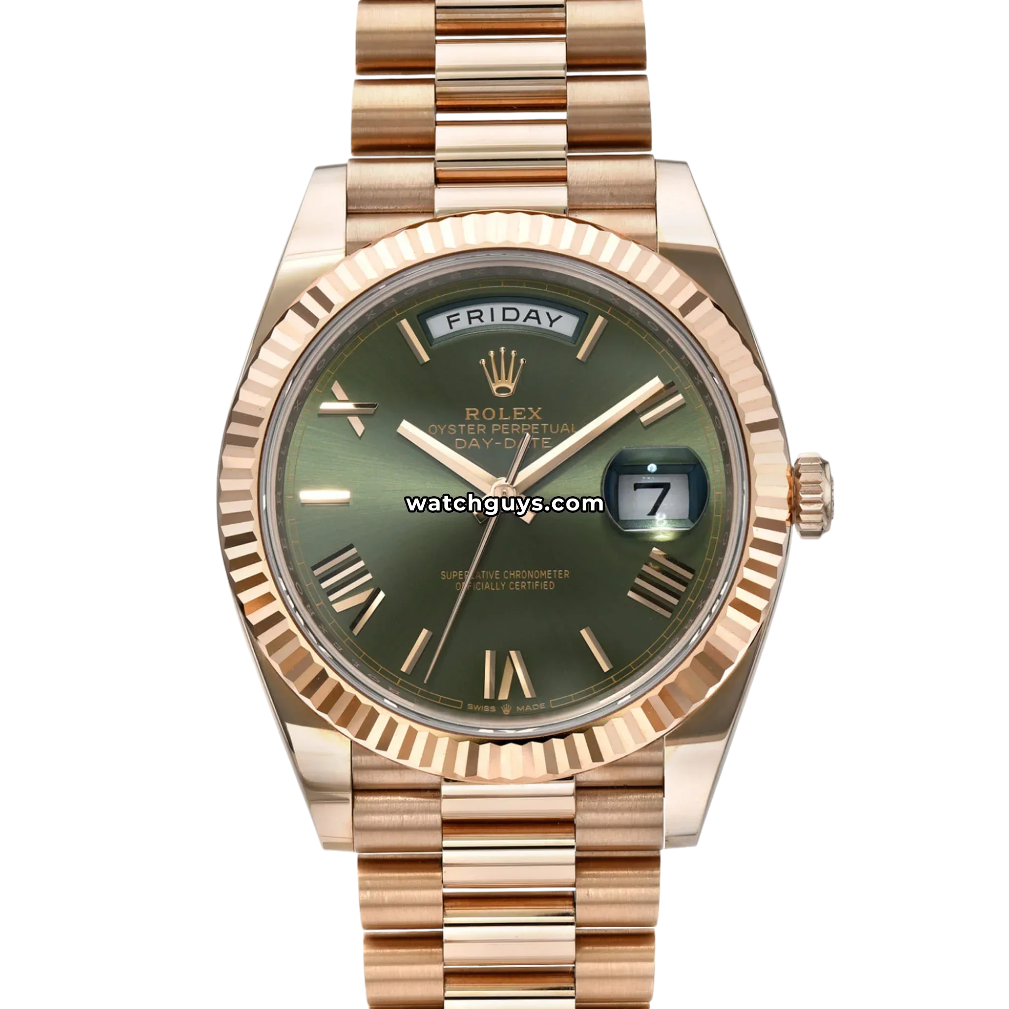 Rolex Day-Date 40 reference 228235 in 18k Everose gold with olive green Roman dial on President bracelet product photo from WatchGuys