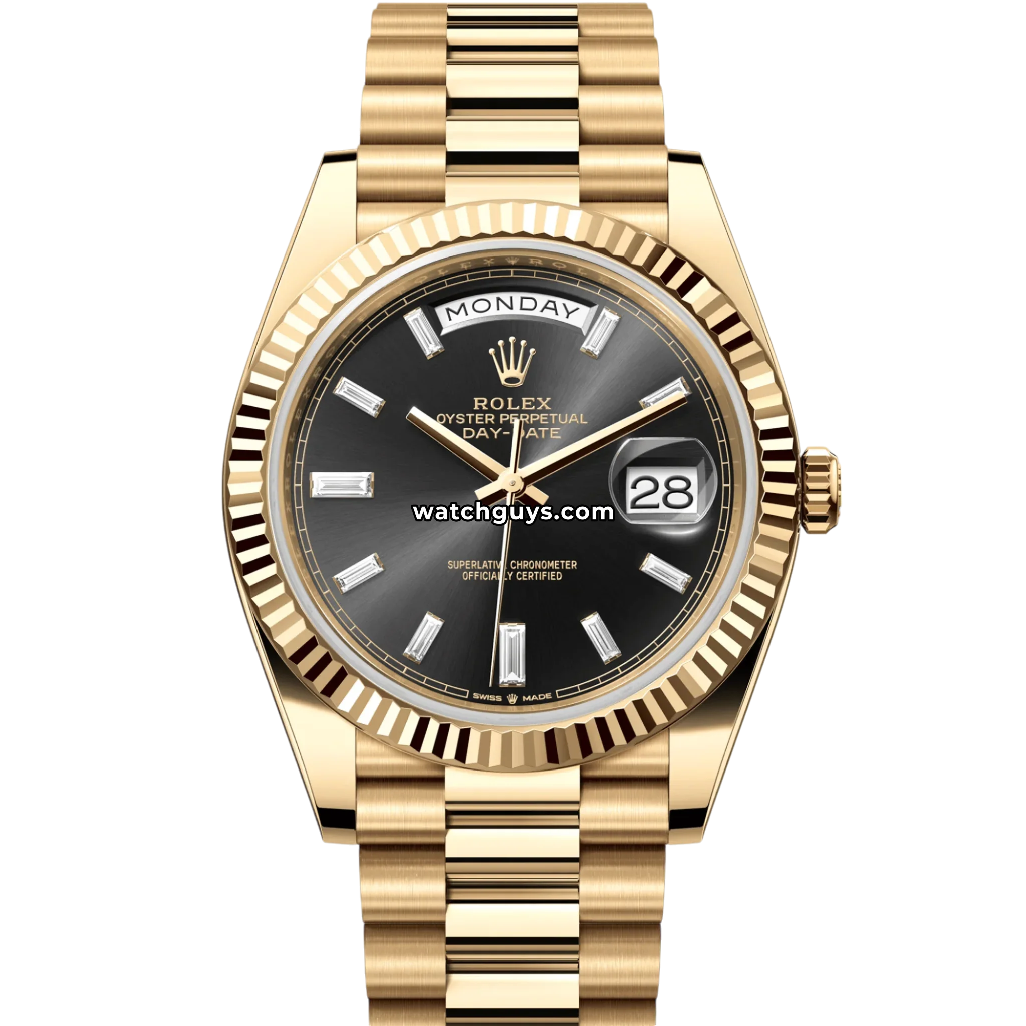 Rolex Day-Date 40 reference 228238 in 18k yellow gold with black diamond dial and fluted bezel on President bracelet product photo from WatchGuys