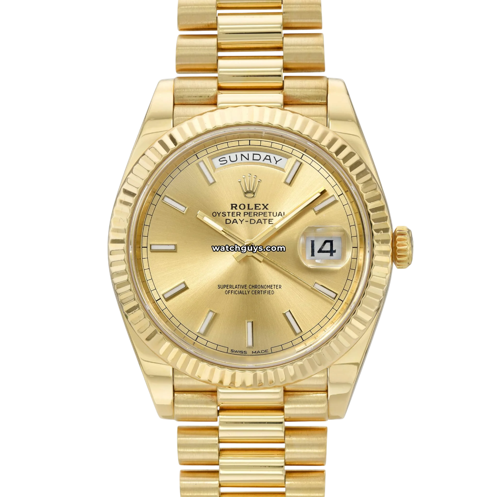 Rolex Day-Date 40 reference 228238 with 18k yellow gold case, fluted bezel and champagne dial product photo from WatchGuys