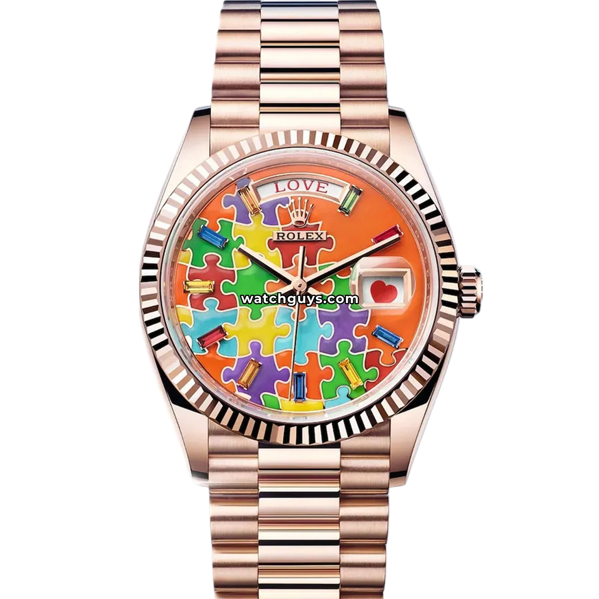 Rolex Day-Date 128235 Puzzle Dial 36mm 18K Rose Gold – WatchGuys