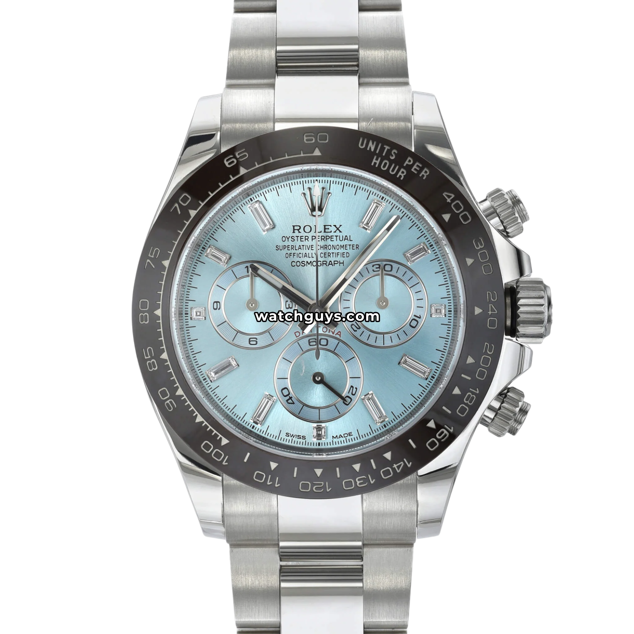 Rolex Daytona Platona reference 116506 platinum with ice blue dial and chestnut Cerachrom bezel product photo from WatchGuys