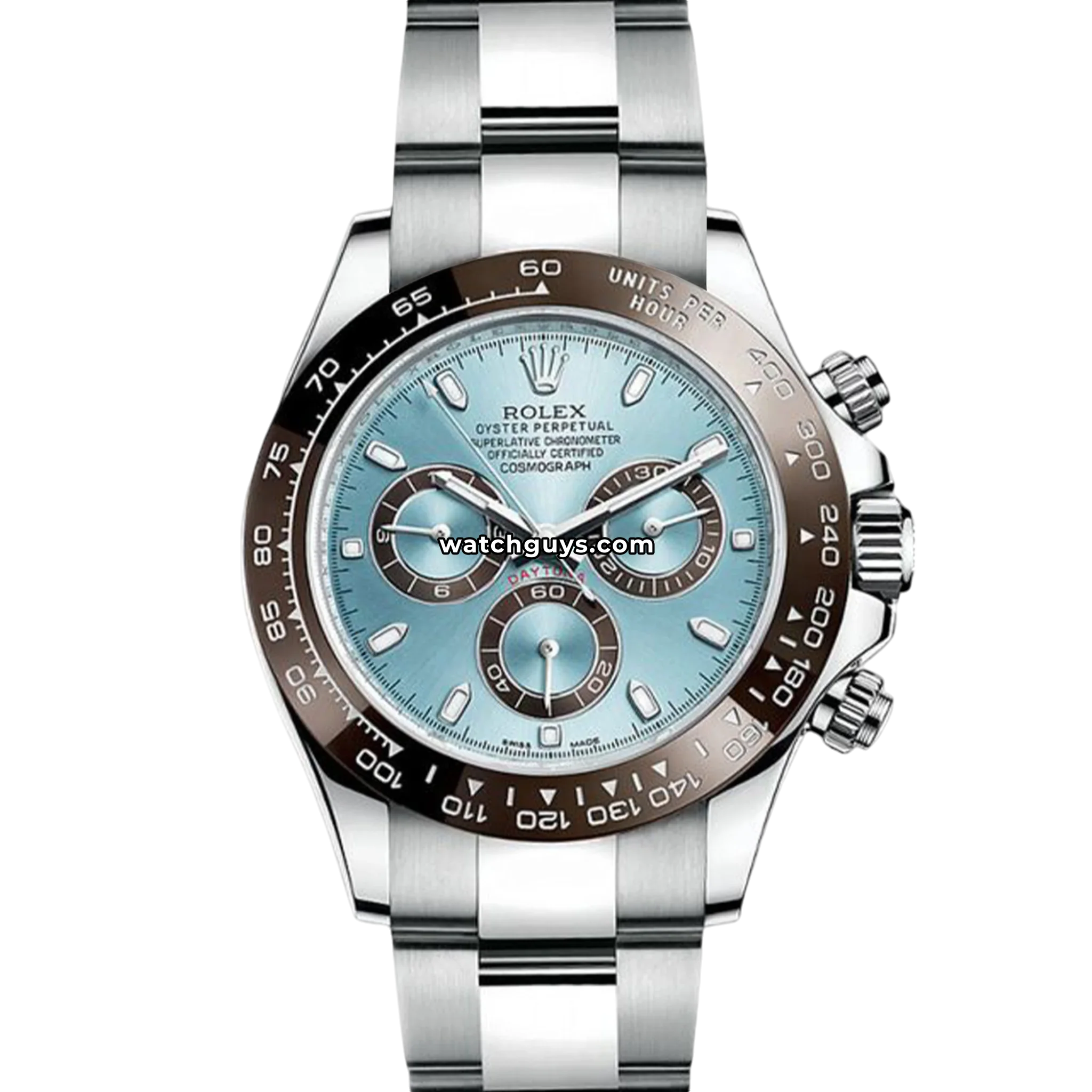 Rolex Daytona Platona reference 116506 in platinum with ice blue dial and brown ceramic bezel product photo from WatchGuys