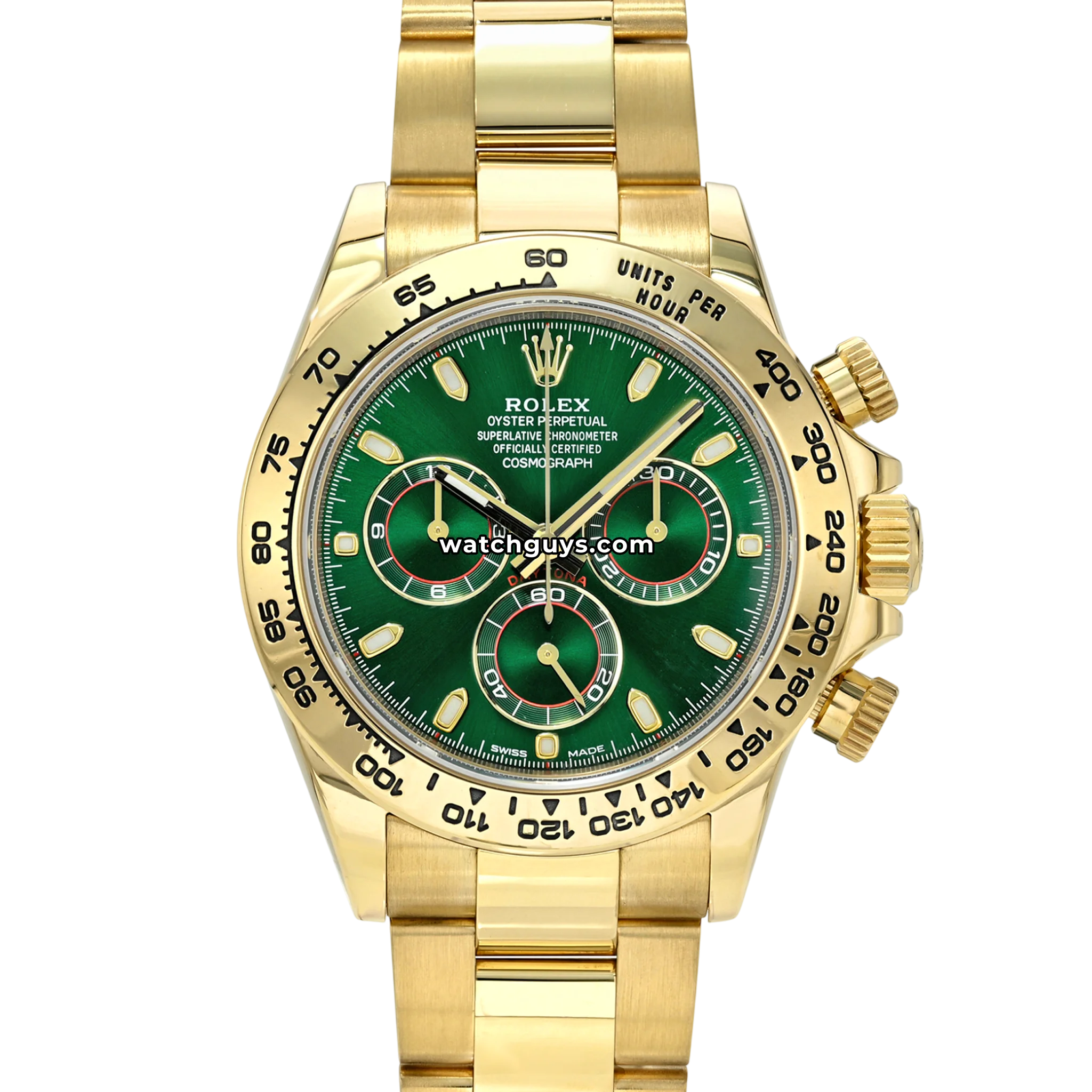 Rolex Daytona John Mayer reference 116508 yellow gold with green sunburst dial product photo from WatchGuys