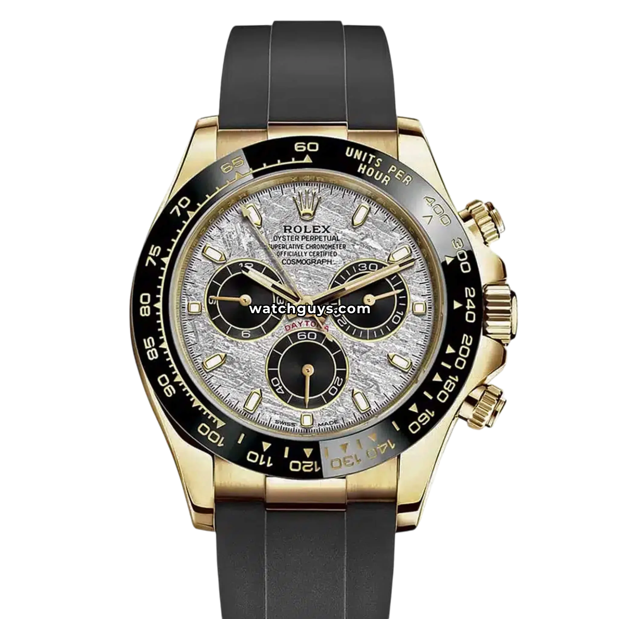 Rolex Daytona reference 116518LN in yellow gold with meteorite dial on black Oysterflex product photo from WatchGuys