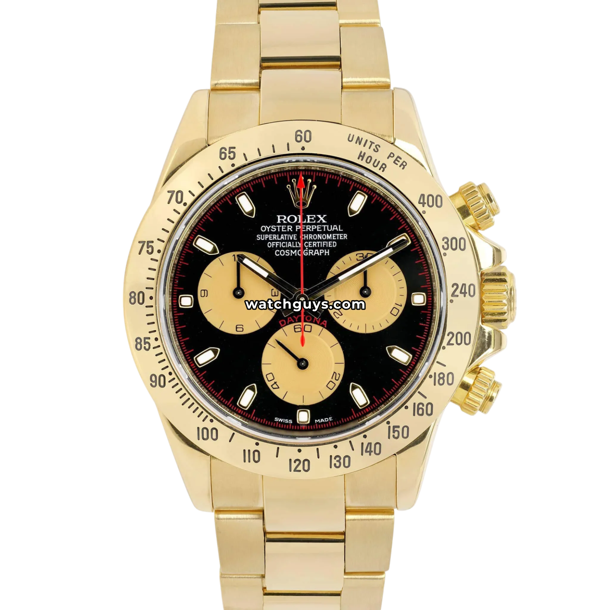 Rolex Daytona reference 116528 in 18k yellow gold with black Paul Newman style dial and red accents product photo from WatchGuys