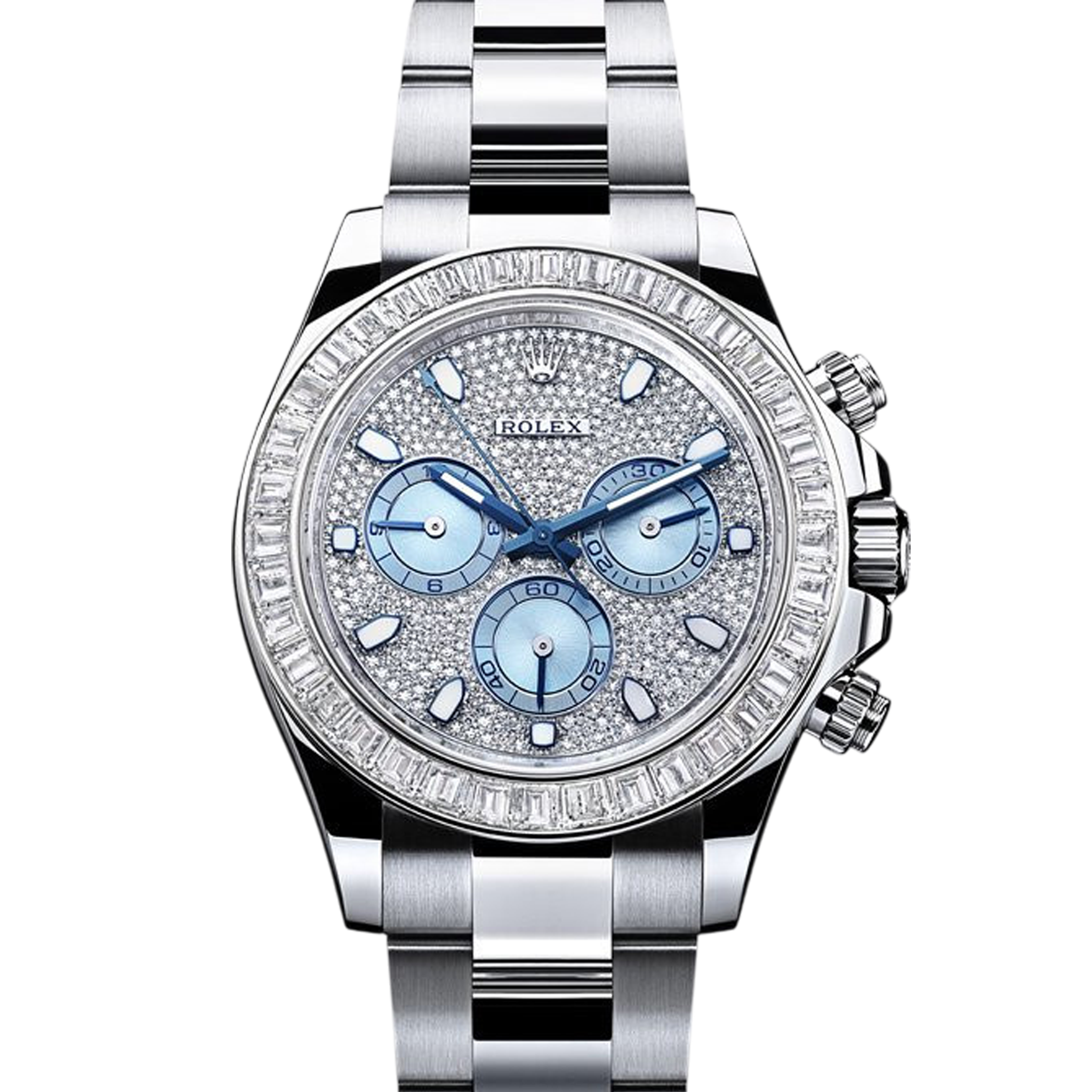 Rolex Daytona reference 116576TBR platinum with pavé diamond dial and baguette diamond bezel product photo from WatchGuys